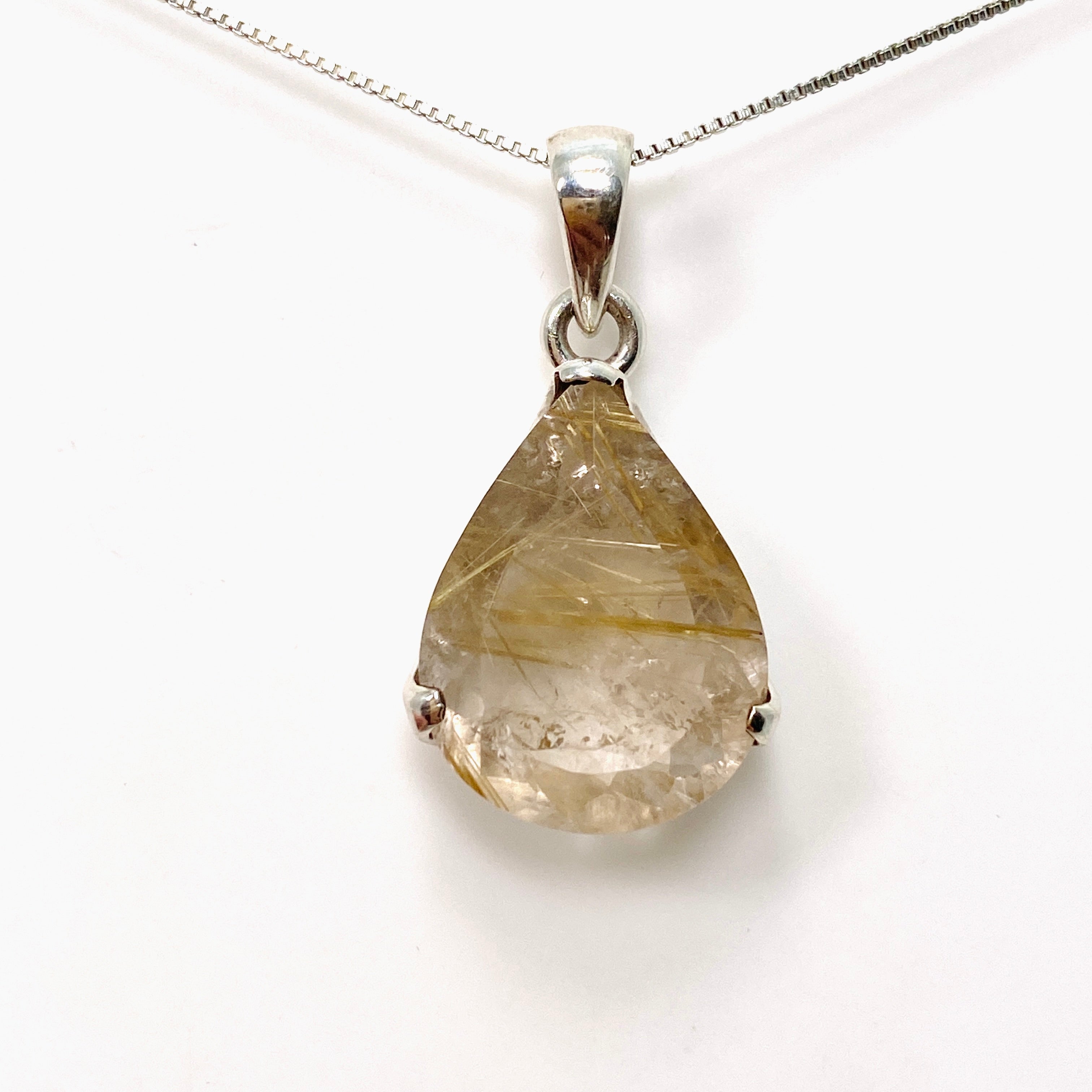 Natural Rutilated Quartz Teardrop Faceted Pendant Necklace - PPGJ842 - Perfect for Spiritual Healing, Meditation & Boho Jewelry Collection