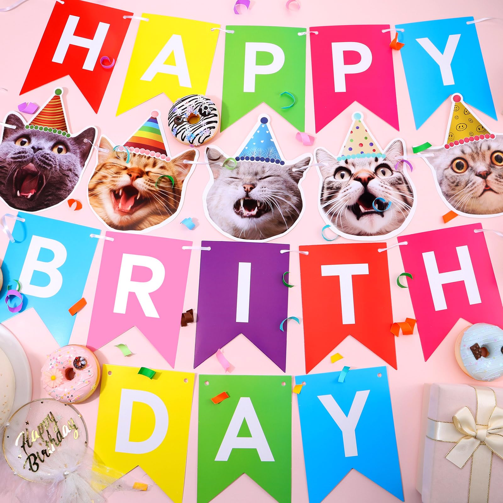 Happy Birthday Cat Banner - Rainbow Bunting Party Decor for Kitty Celebrations