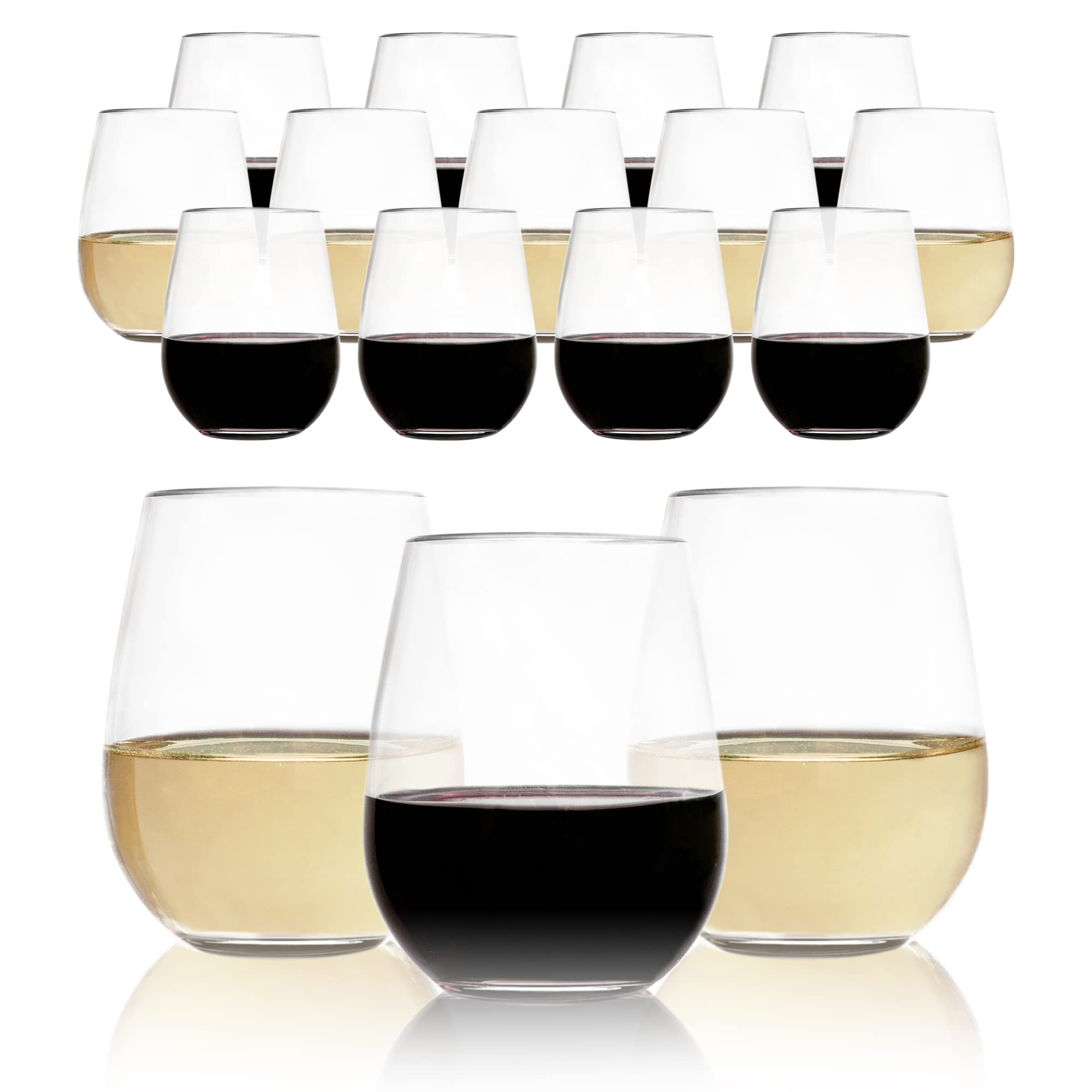**Unbreakable 16oz Stemless Plastic Wine Glasses (Set of 16) - Shatterproof Tritan Cups for Indoor & Outdoor Parties, Picnics, BBQs - Dishwasher Safe, Durable & Reusable Barware - Red & White**