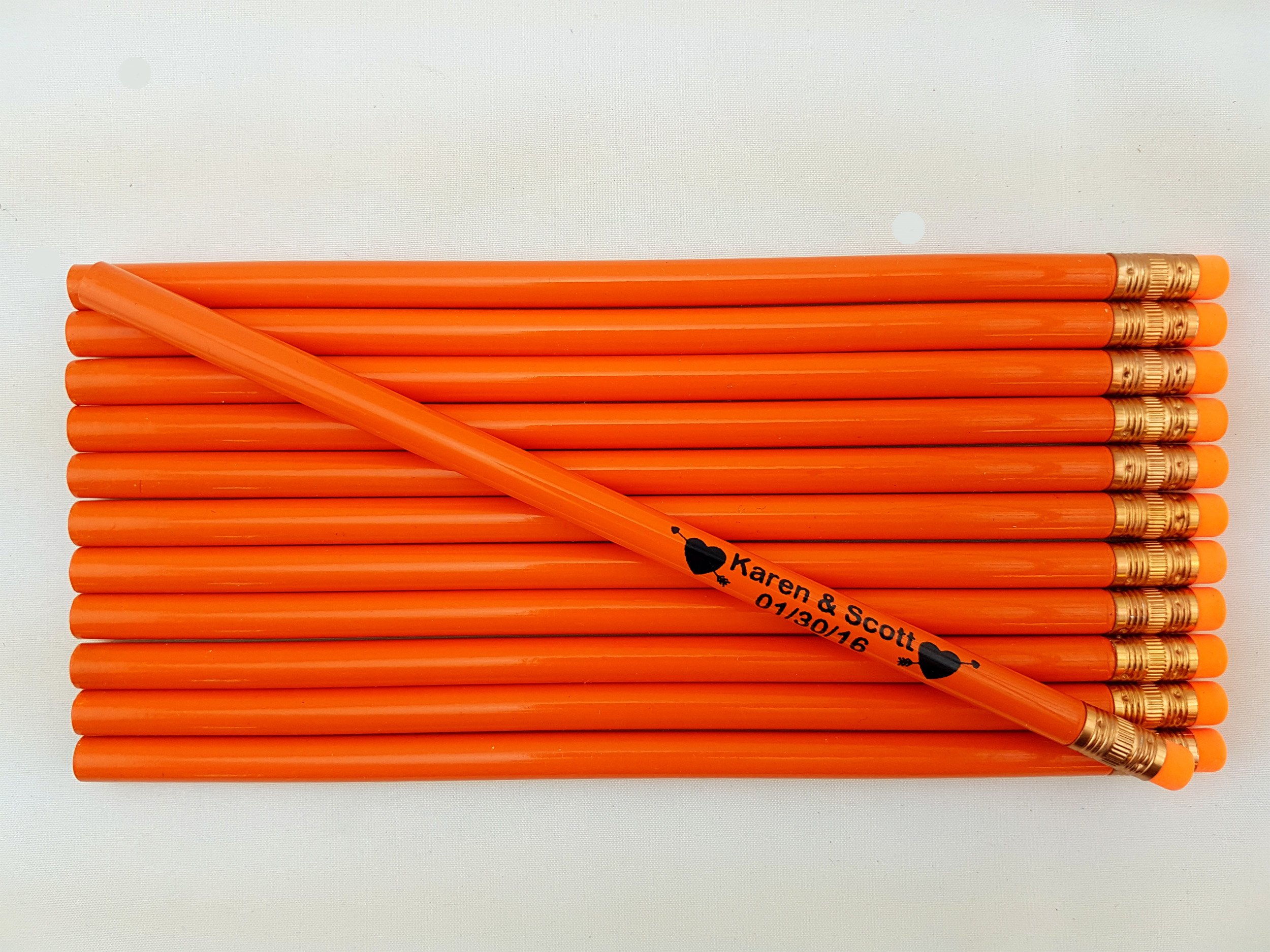 Personalized Wedding Announcement Pencils - Custom Two-Line Engraved with Heart Arrows - Orange Round Pencils with Eraser (12-Pack) - Perfect for Wedding Favors, Bridal Showers & Thank You Gifts