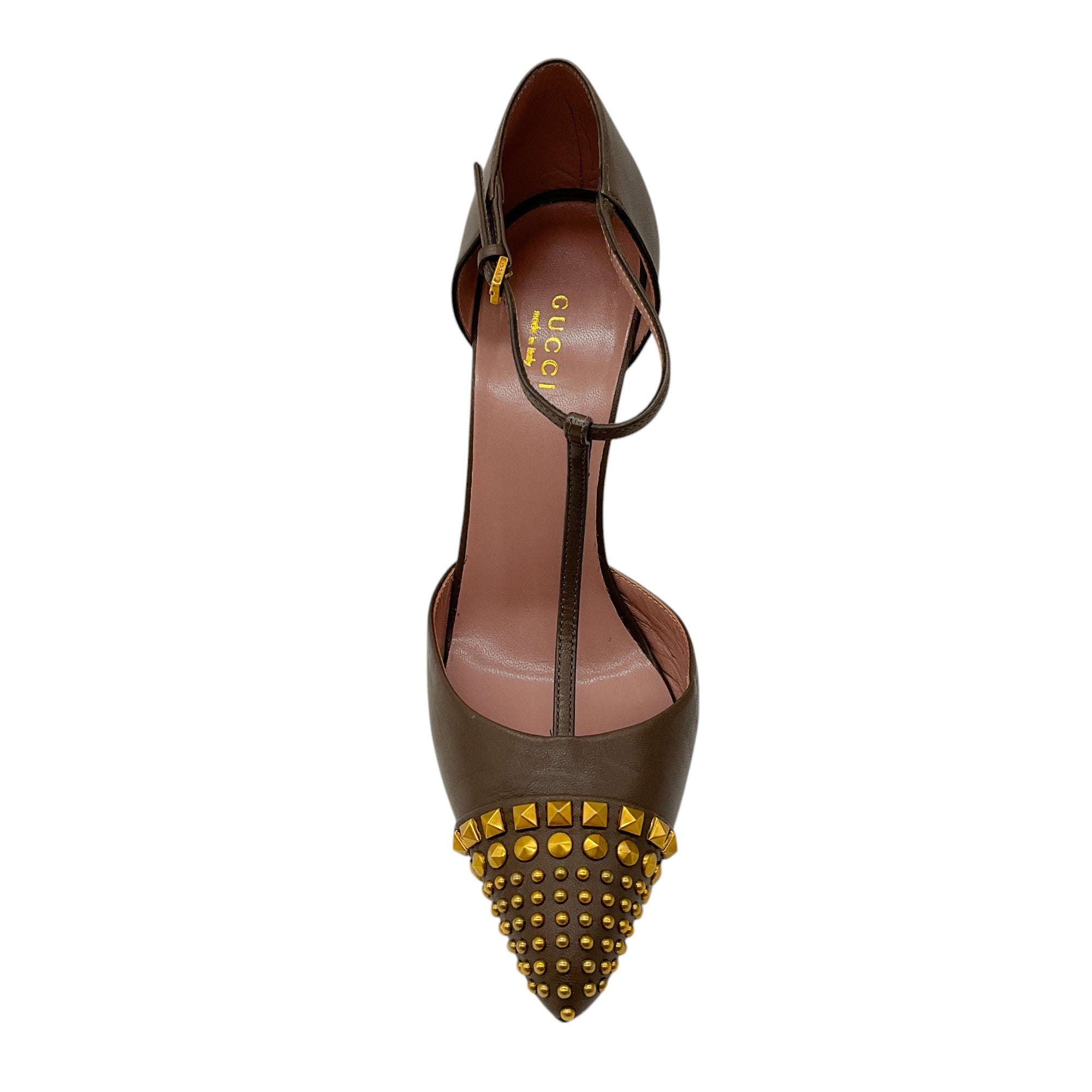 Gucci Taupe & Antiqued Gold Studded T-Strap Leather Pumps - Women's Luxury Heels for Parties, Weddings & Formal Events