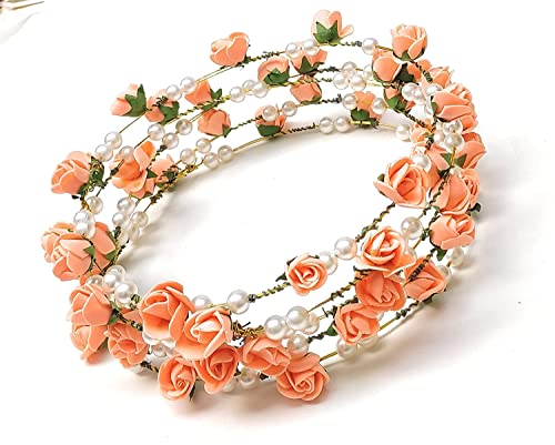 JAGMOOLYA Artificial Floral Headpiece - Colorful Roses Hair Crown for Women, Girls & Teens - Perfect for Weddings, Bridal, Beach Parties & Travel - Orange Wreath Tiara (Pack of 3)