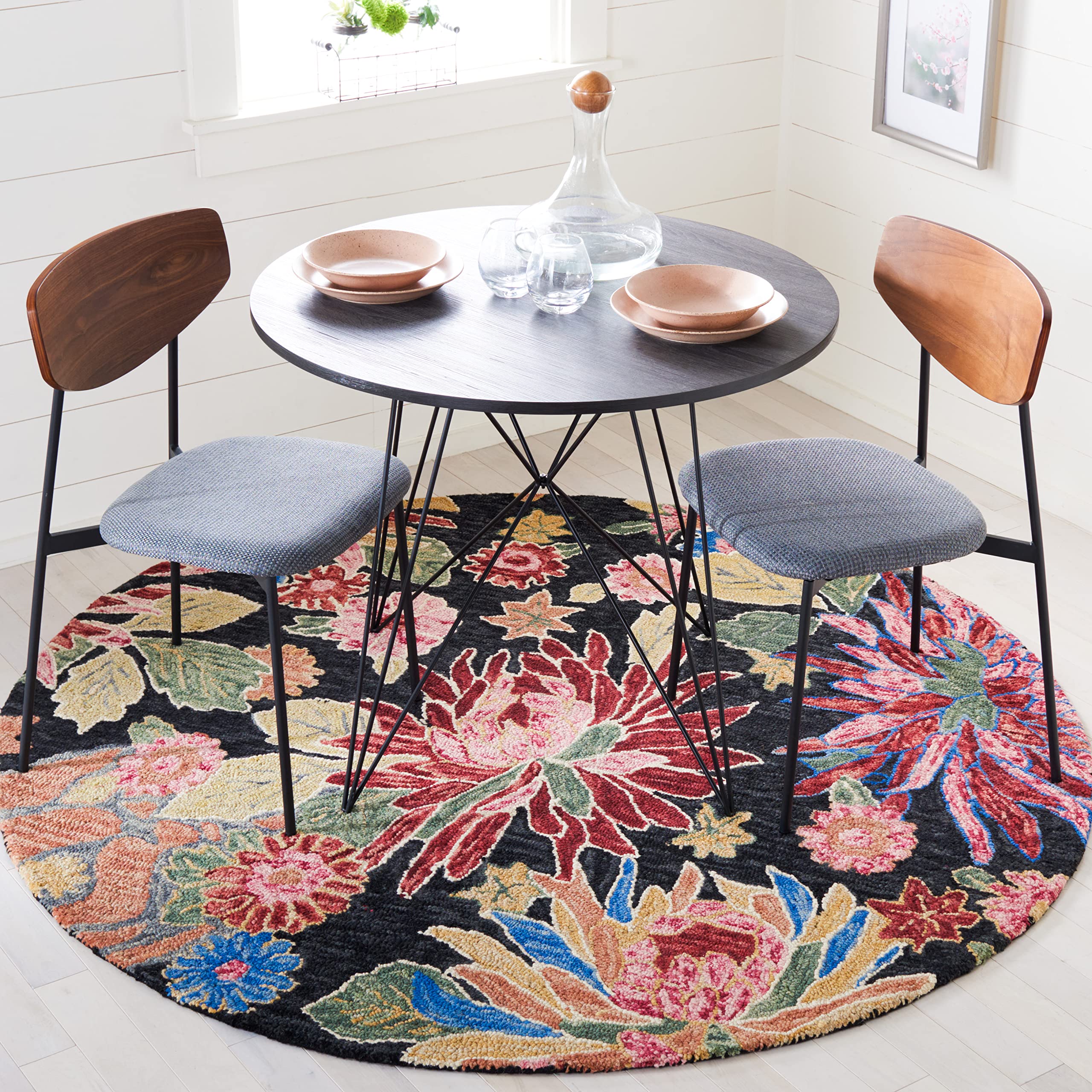 SAFAVIEH Jardin Collection 6' Round Handmade Floral Area Rug - Premium Wool & Cotton Blend in Charcoal & Red (JAR251H) - Perfect for Living Room, Bedroom, or Dining Room Decor