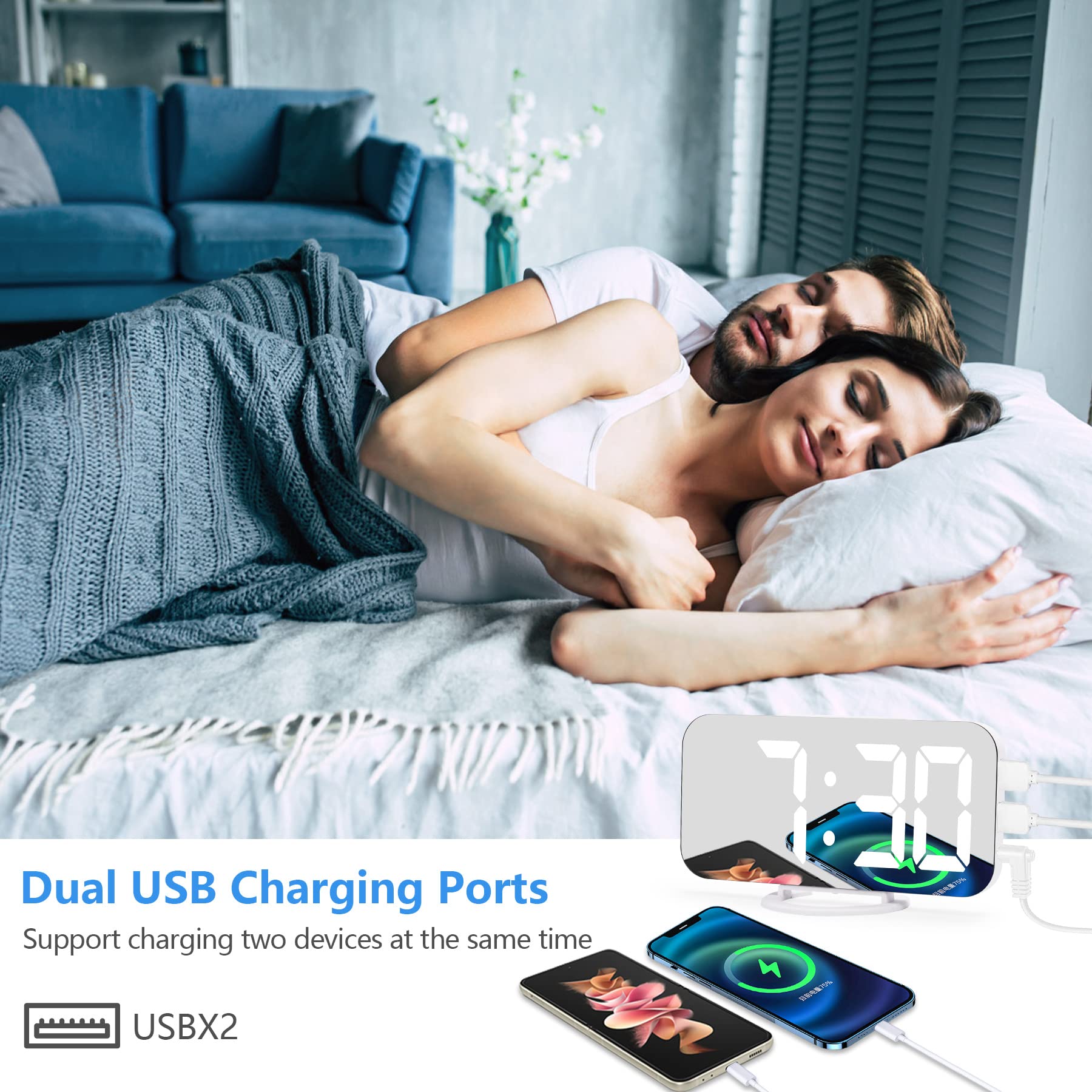 Digital Alarm Clock with LED Mirror Display - Dual USB Ports, 3-Level Brightness & Auto Dimming for Bedroom & Office | Night Mode, Easy Snooze, Modern White Decor | Perfect for Nightstands, Home Offices & Gift Giving