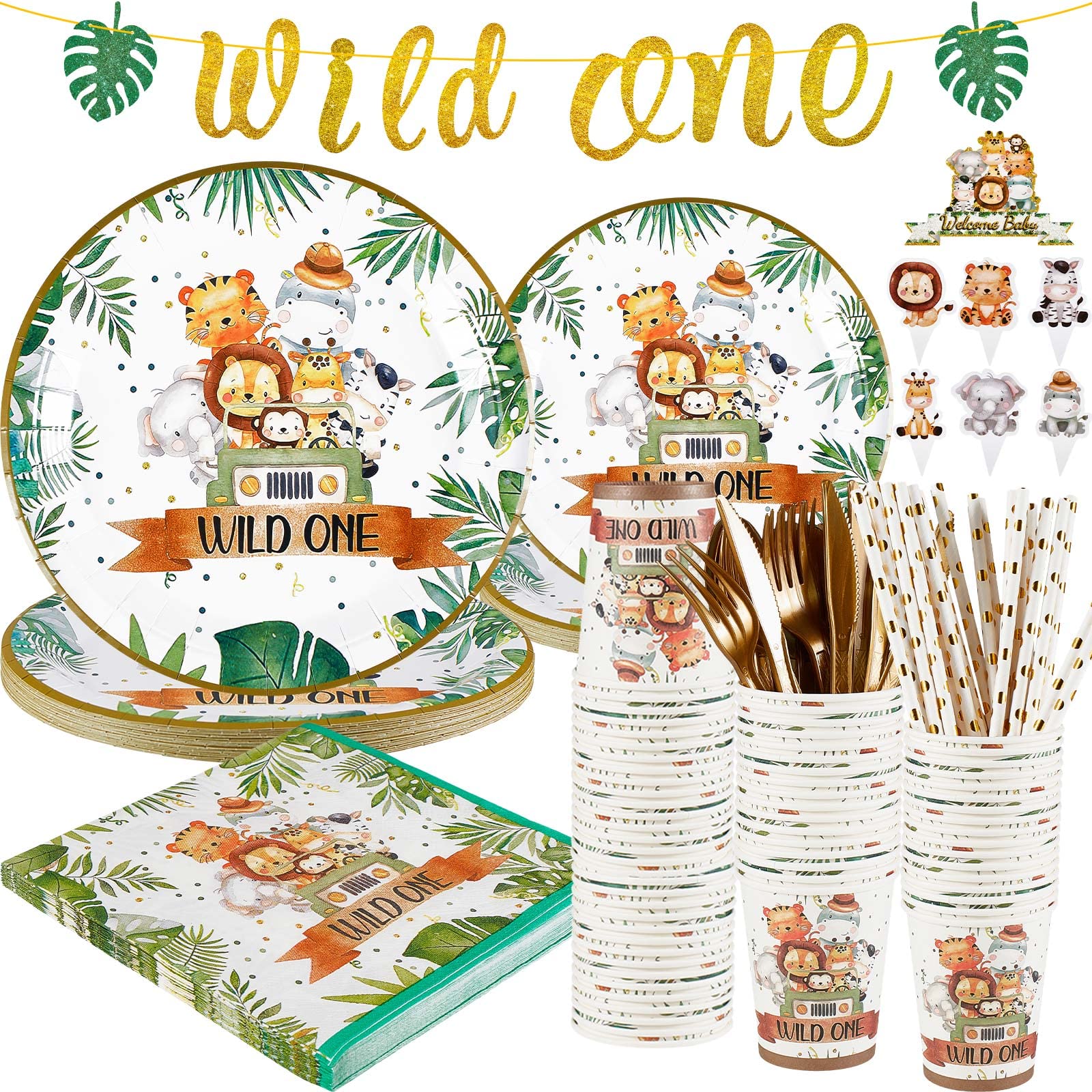 186 Pcs Wild One Birthday Party Decorations Kit - Jungle Theme Plates, Cups, Napkins, Forks, Knives, Spoons, Straws & Cake Toppers - Perfect for Forest Themed 1st Birthday, Baby Shower & Safari Parties