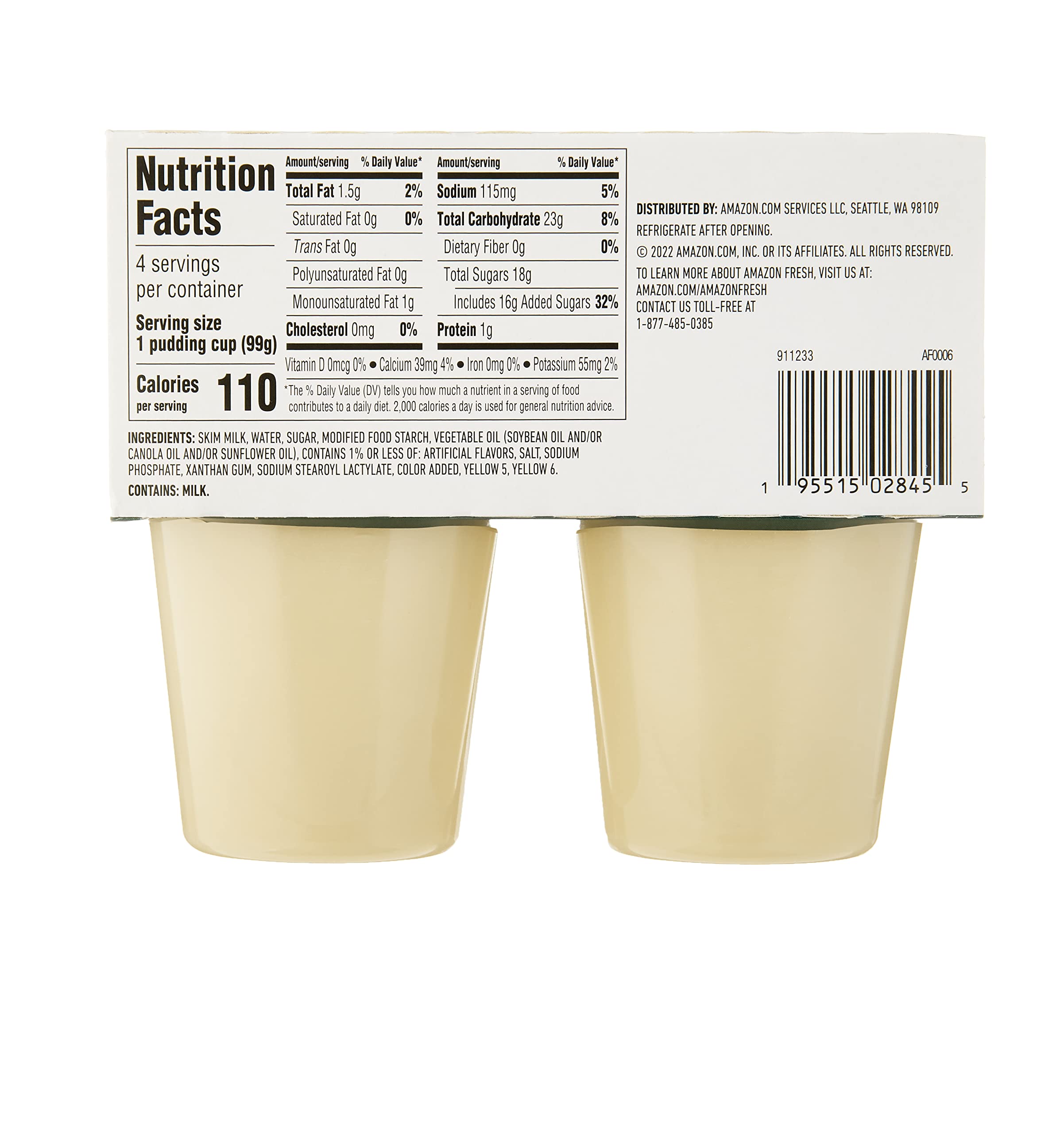 Amazon Fresh Vanilla Pudding Cups, 4-Pack | Creamy Dessert Snack for Lunch Boxes, Parties & Quick Treats