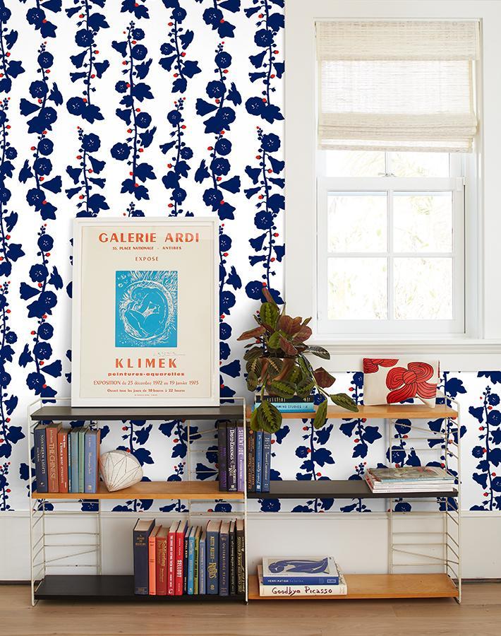 Clare V. 'Hollyhock' Navy Red Wallpaper - Premium Peel & Stick Wallpaper for Living Room, Bedroom, or Nursery Decor