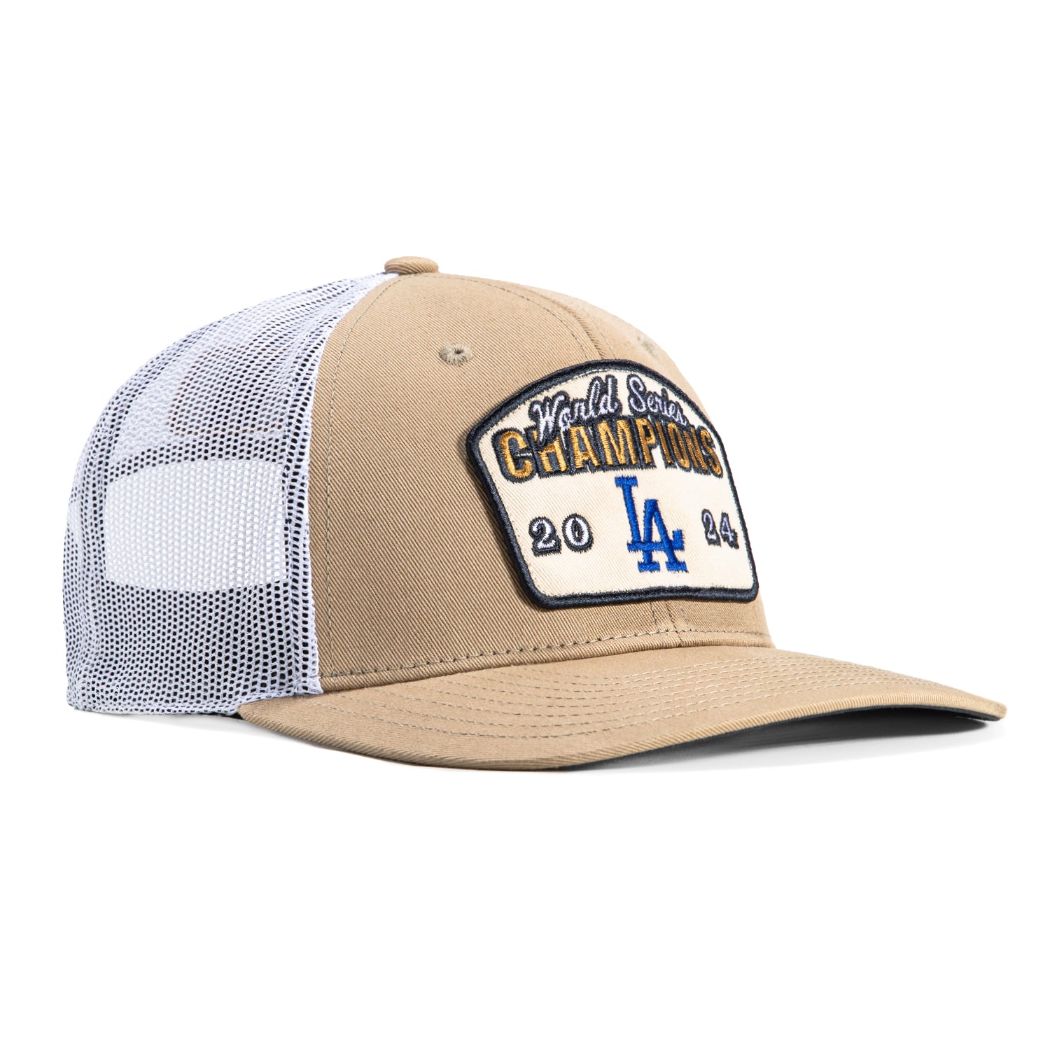 47 Brand Los Angeles Dodgers 2024 World Series Championship Belt Trucker Snapback Hat - Khaki - Perfect for Baseball Games, Fan Collections & Casual Streetwear