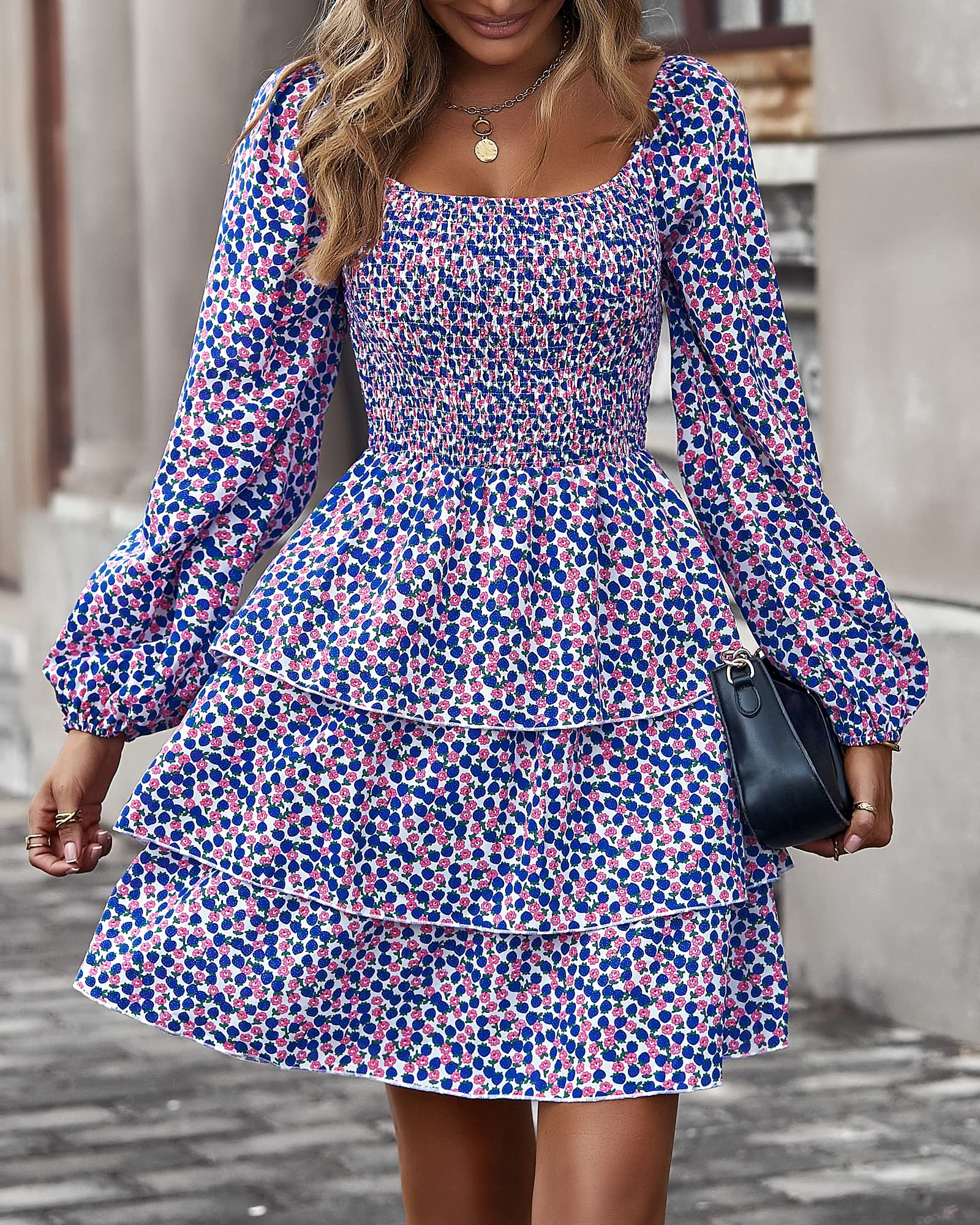 BTFBM Women's Floral Swiss Dot Boho Mini Dress - Square Neck Smocked Long Sleeve for Spring Summer 2025 | Perfect for Wedding Guest, Garden Party & Casual Outings