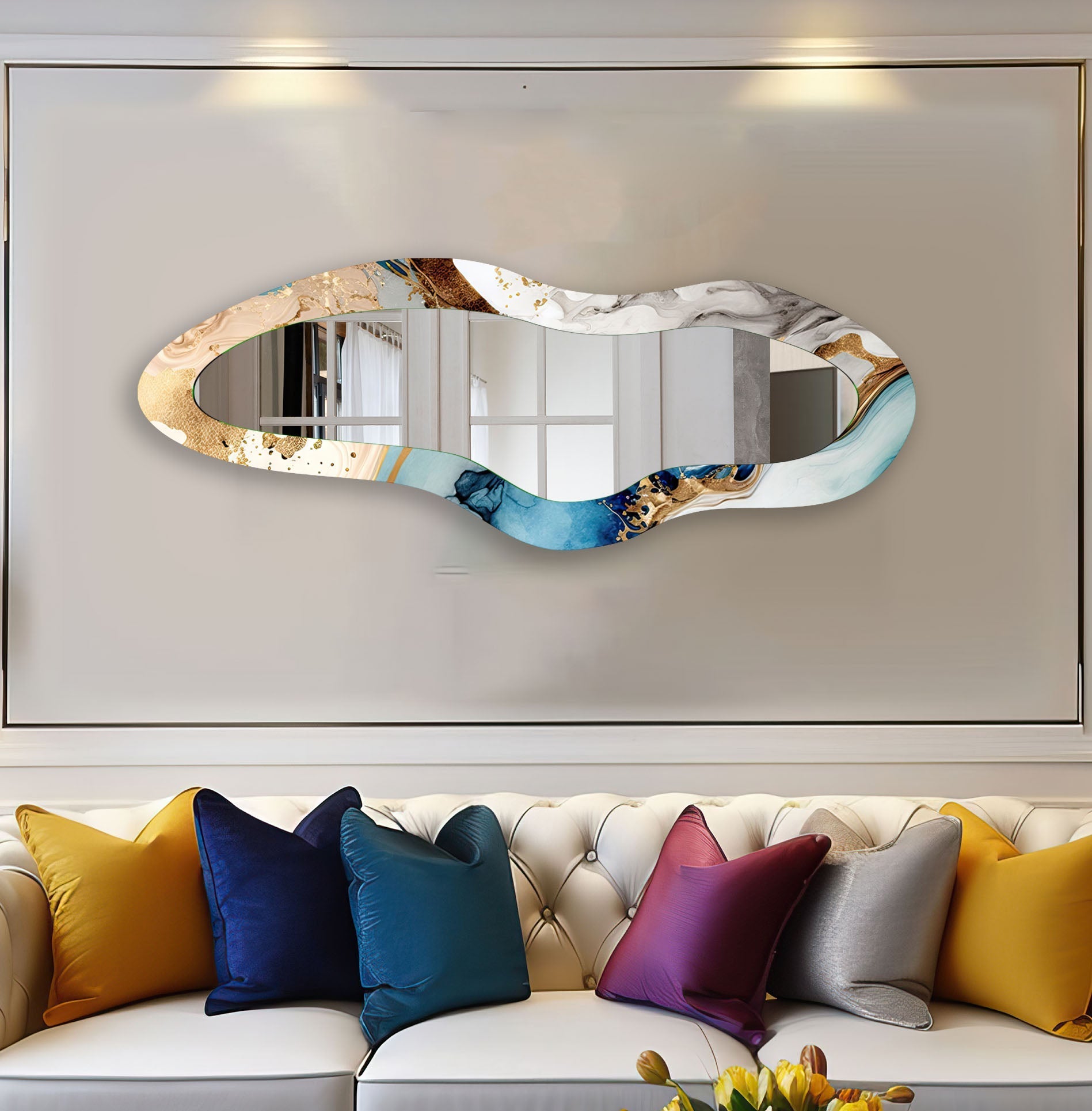 Blue Decorative Irregular Long Wall Mirror - Modern Unique Home Decor for Living Room, Bedroom & Entryway