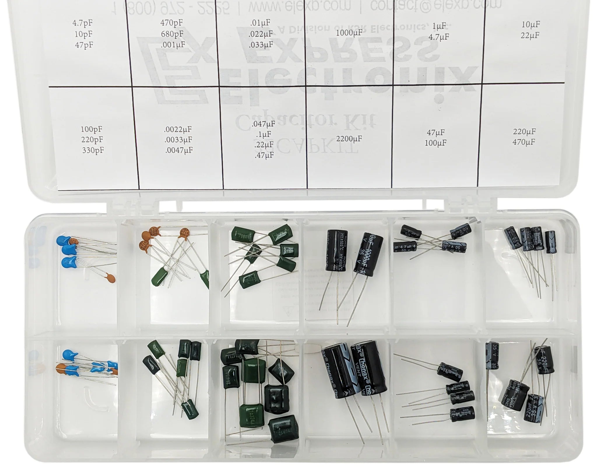 58 Piece Capacitor Assortment Kit - Disc, Mylar & Electrolytic Capacitors (4.7pF to 2200µF) for Electronics Repair, DIY Projects & Circuit Board Maintenance