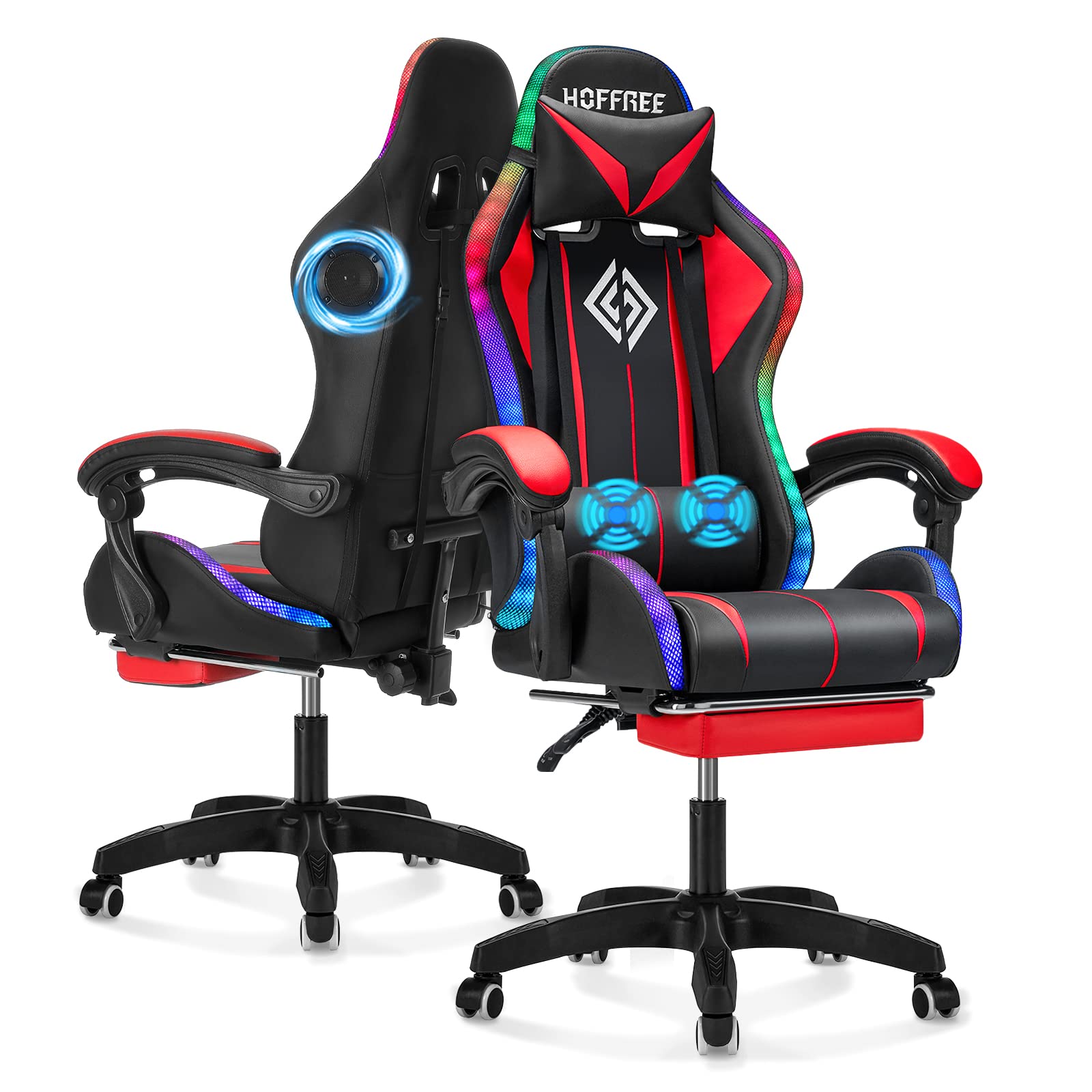 RGB Gaming Chair with Bluetooth Speakers & LED Lights - Ergonomic Massage Computer Chair with Adjustable Footrest, High Back & Lumbar Support - Red & Black Gaming Throne for PC, Console & Streaming Setup