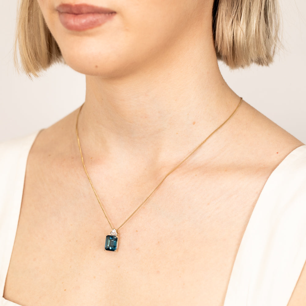 9ct Gold 5.6ct London Blue Topaz Emerald Cut Pendant with 1/10 Carat Diamond - Elegant Jewelry Gift for Women, Perfect for Weddings & Special Occasions