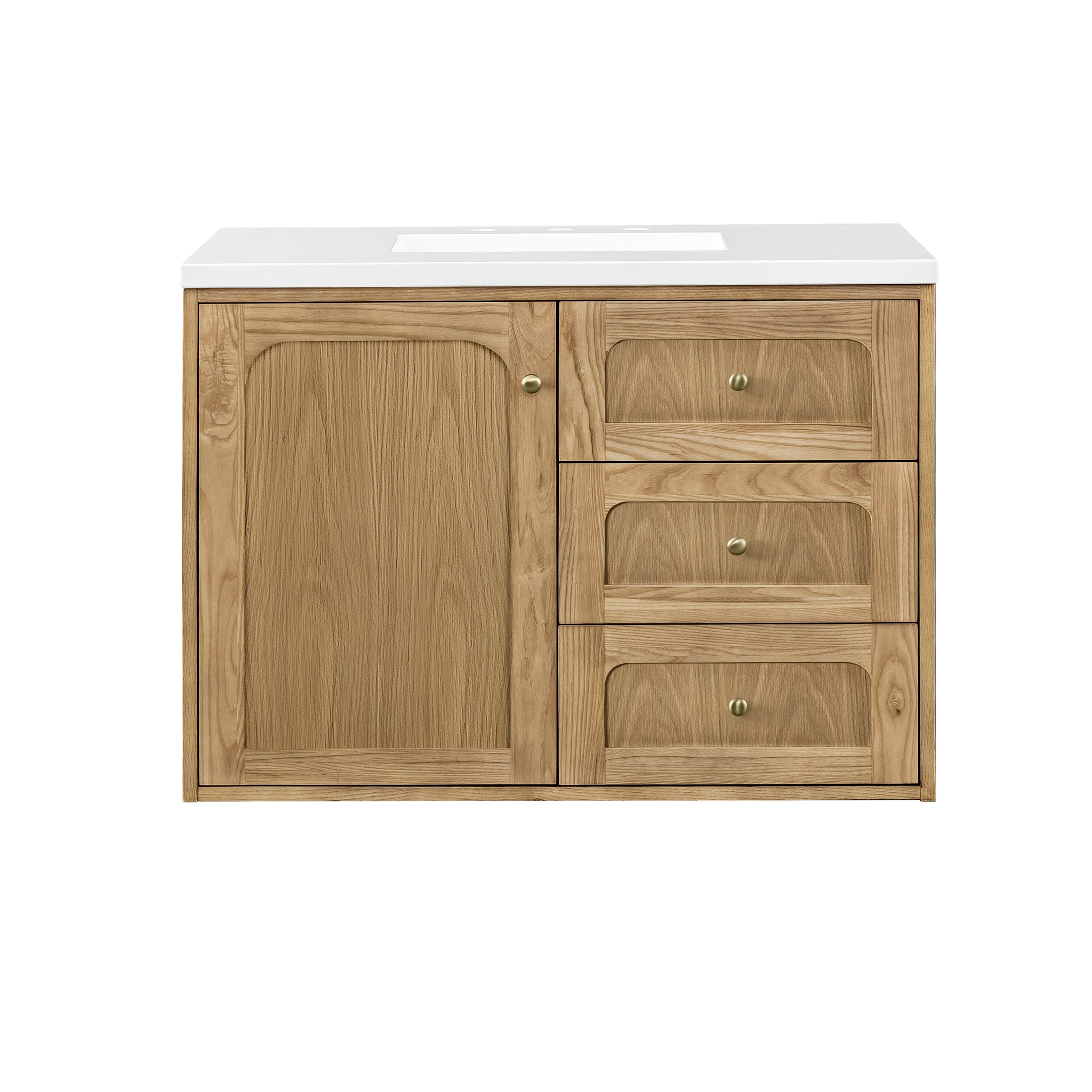 Laurent 36 Inch Single Bathroom Vanity with White Zeus Quartz Top - Light Natural Oak Finish - Modern Bathroom Storage for Small Spaces