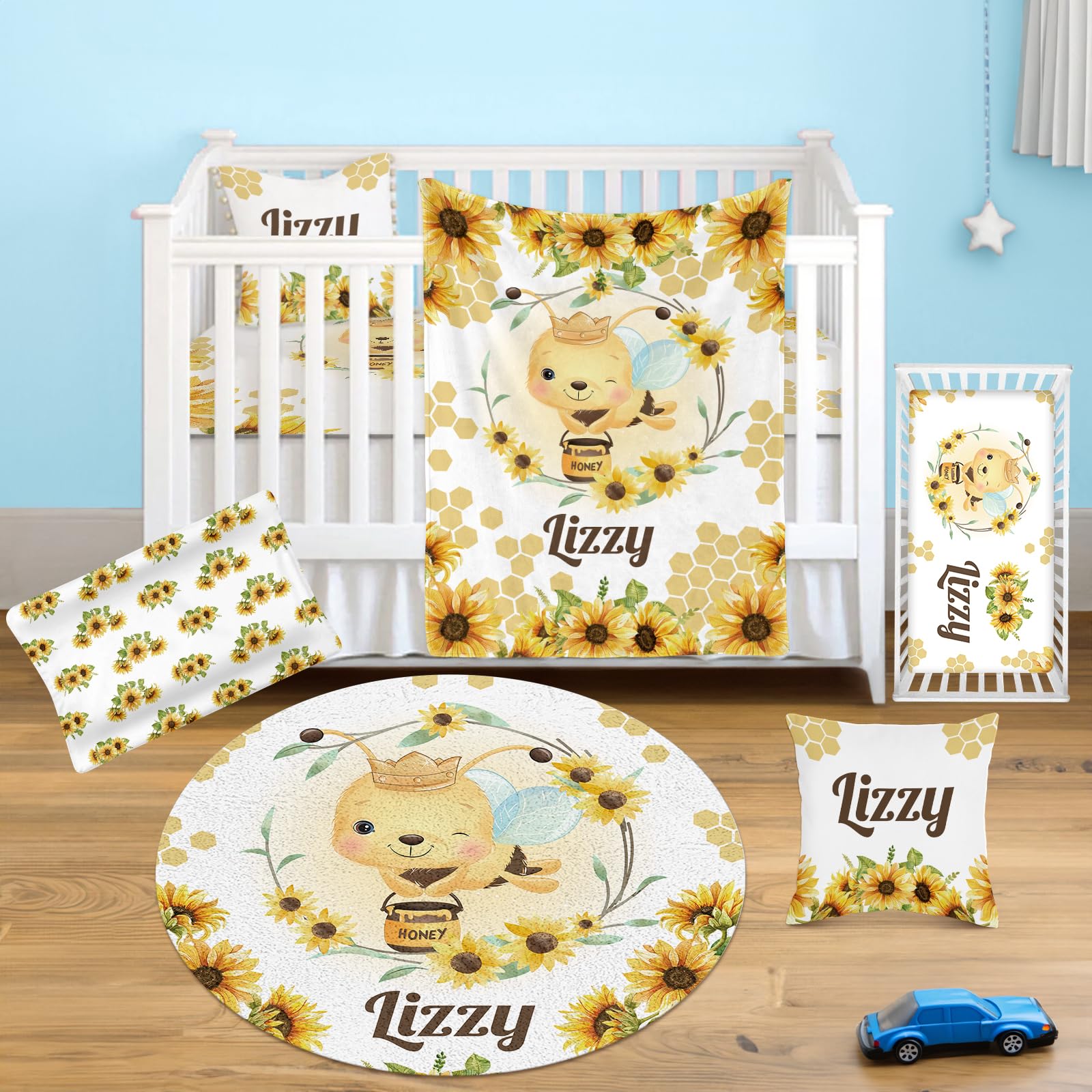 Personalized Neutral Baby Crib Bedding Set for Newborn Gifts - Custom Name 5-Piece Yellow Floral Nursery Set with Bees | Gender-Neutral Crib Bedding for Boys & Girls | Perfect for Baby Showers, Nursery Decor and First Birthday Gifts
