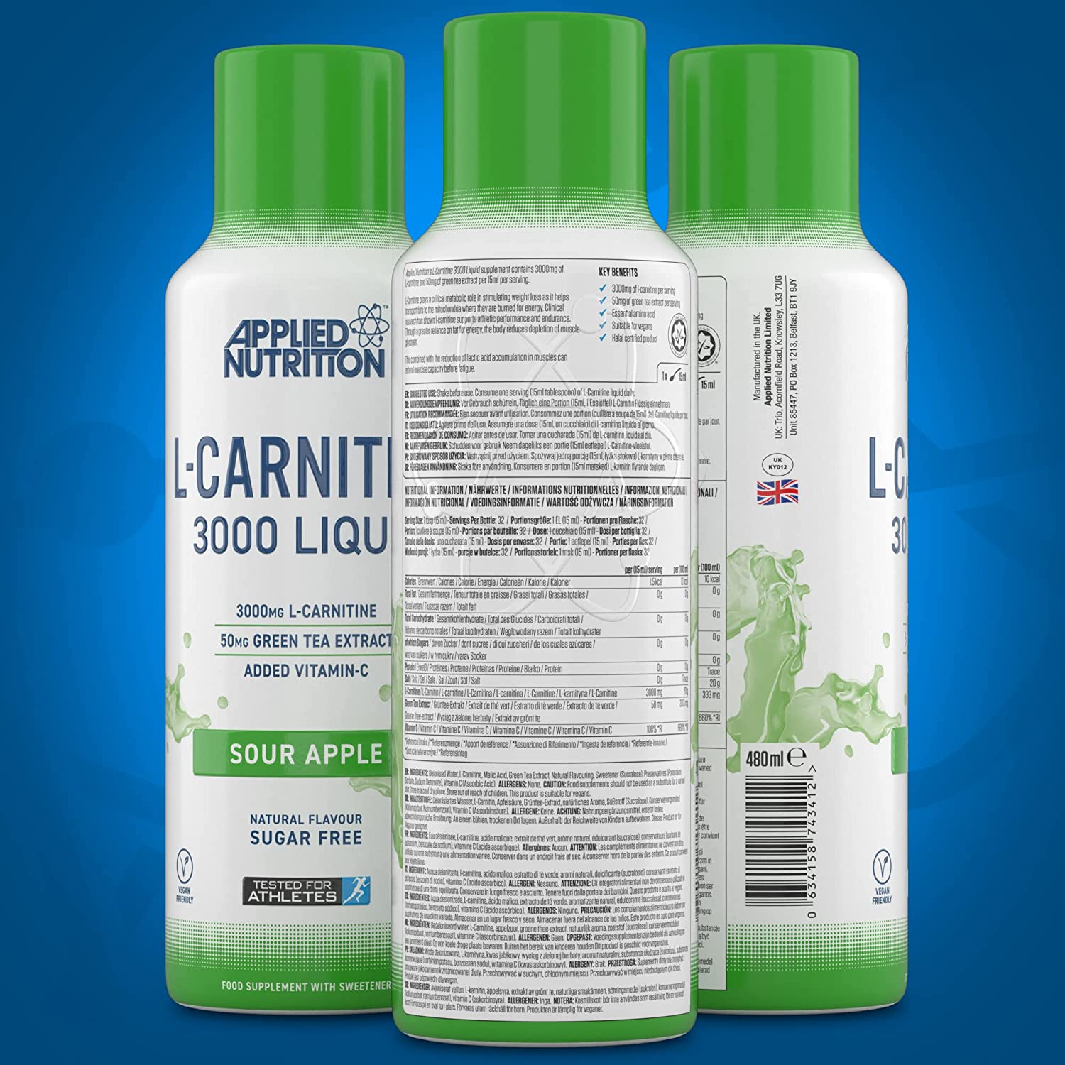 Applied Nutrition L Carnitine 3000 Liquid Supplement - 480ml Bottle for Weight Loss & Energy Boost | Pre-Workout & Post-Workout Recovery