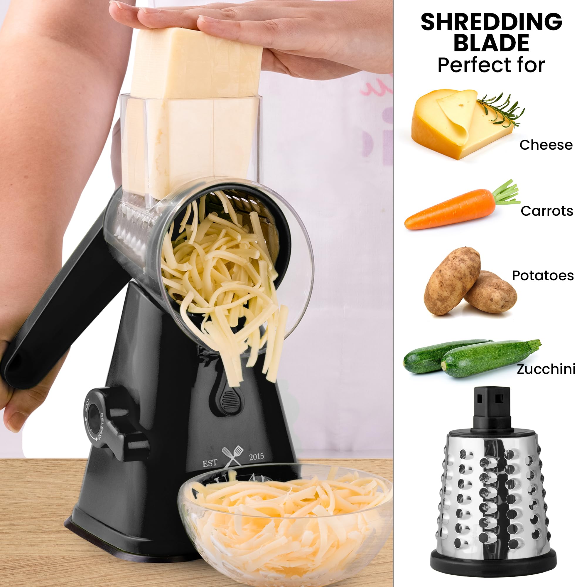 Upgraded Rotary Cheese Grater with Reinforced Suction - 3 Replaceable Stainless Steel Drum Blades - Easy to Use & Clean - Vegetable Slicer & Nut Grinder for Kitchen, Salad, Pizza & Pasta (Black)