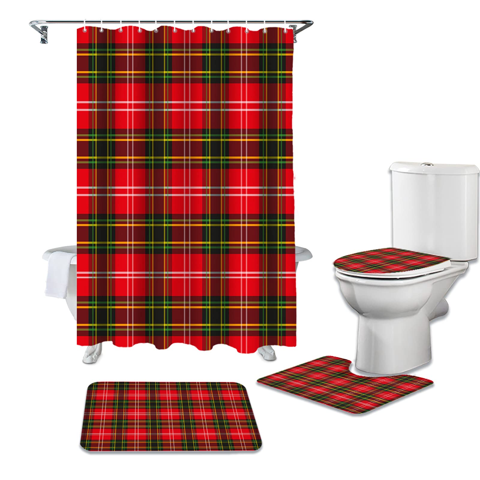 4-Piece Christmas Buffalo Plaid Shower Curtain Set with Non-Slip Bath Rugs - Waterproof U-Shaped Toilet Cover & Soft Bath Mat - Vintage Red and Green Holiday Bathroom Decor for Festive Home Decorating