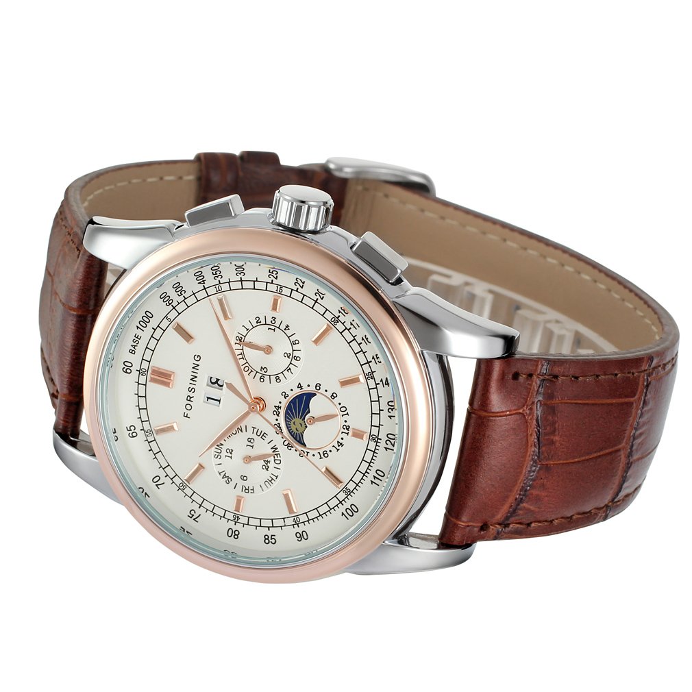 FORSINING Men's Automatic Watch - Silver Dial, Genuine Brown Leather Strap, Water Resistant, Luxury Dress Watch for Business, Wedding & Formal Occasions