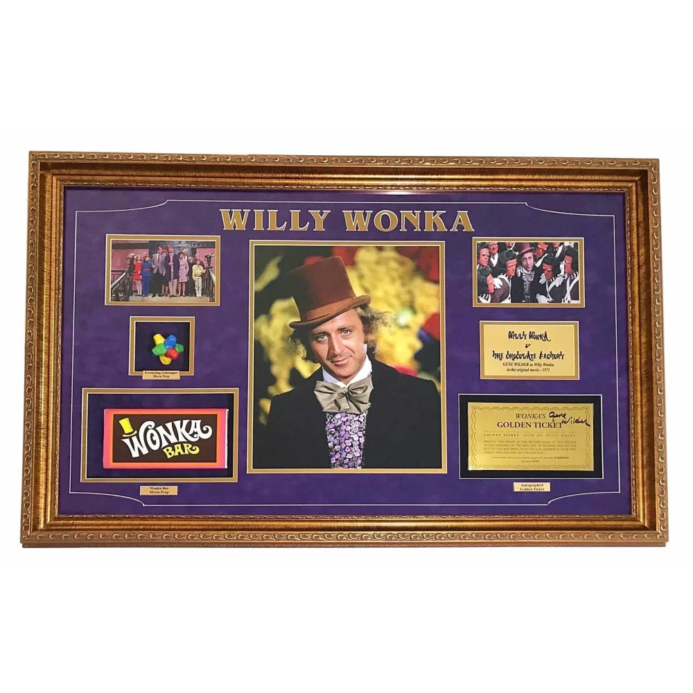 Authentic Gene Wilder Signed Golden Ticket Willy Wonka Framed Collage with PSA COA & Gobstopper - Perfect for Movie Memorabilia Collectors and Chocolate Factory Fans