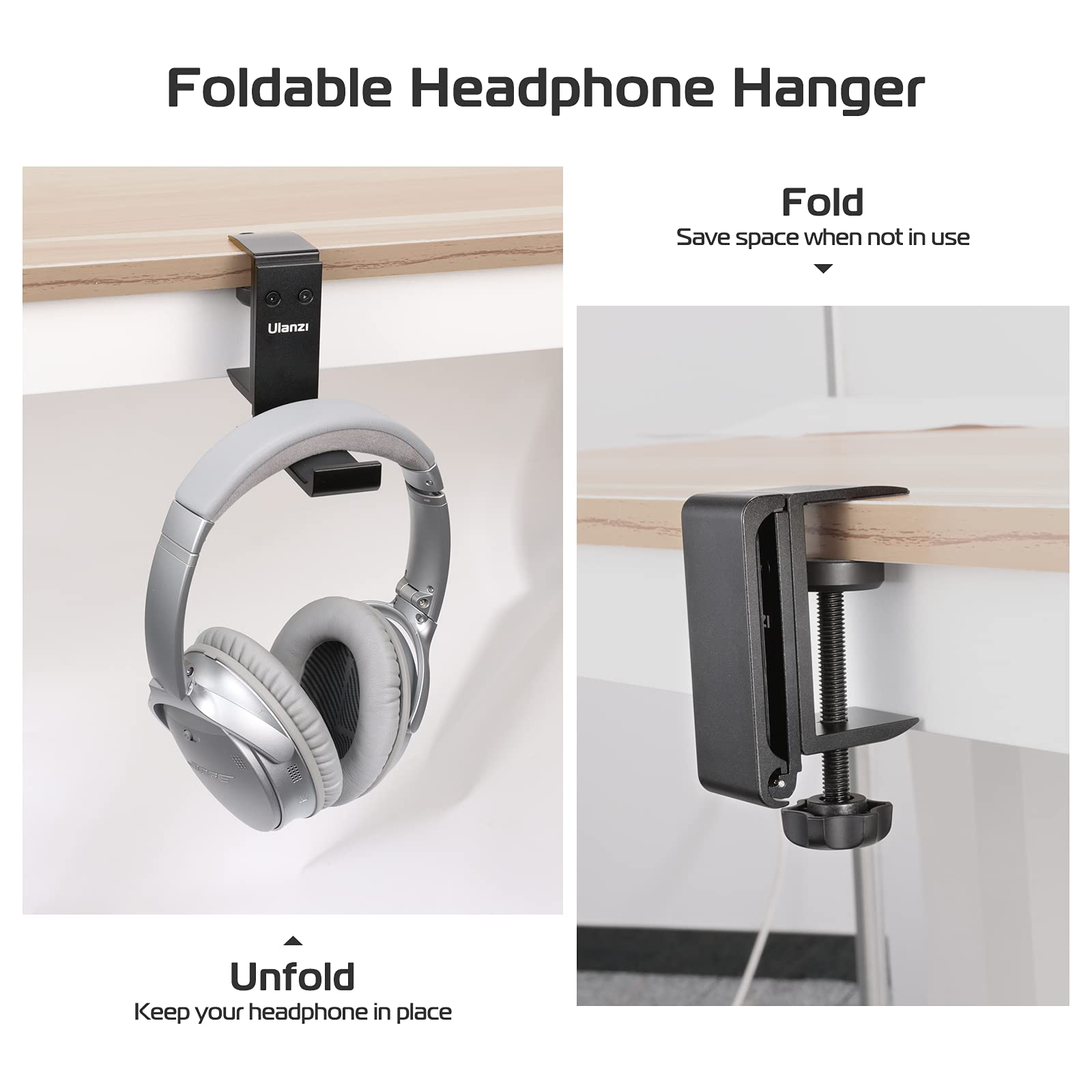 ULANZI Foldable Under Desk Headphone Stand - Aluminum Headset Hanger Mount with Non-Slip Silicone Pad, Space Saving Universal Hook for Gaming & Office Headsets - Perfect for PC, PS5, Xbox & Workstation Setup