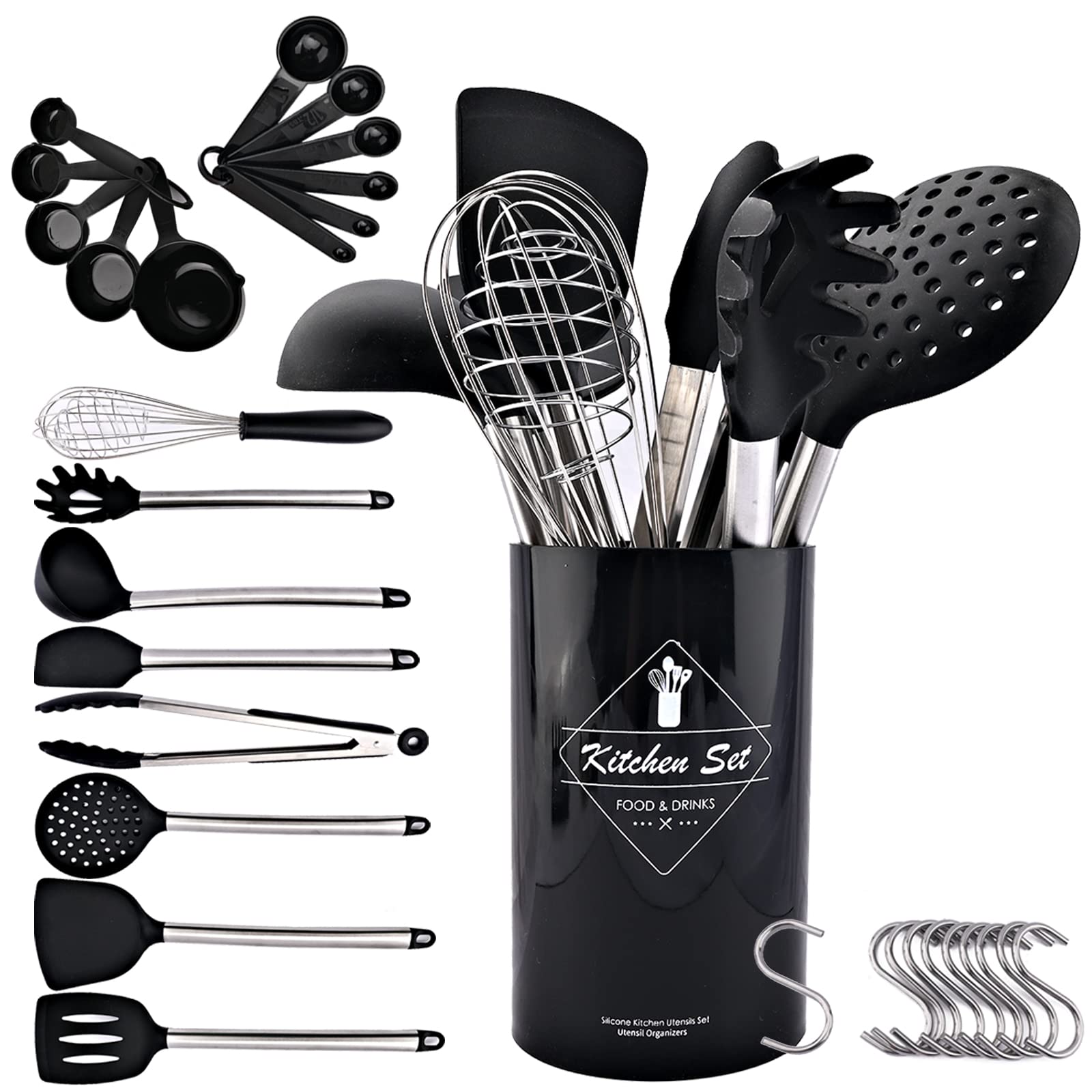 BRIIEC 12-Piece Non-Stick Silicone Cooking Utensil Set with Holder - Heat Resistant Kitchen Tools with Stainless Steel Handles (Turner, Tongs, Spatula, Spoon) - Black & Silver - Perfect for Baking, Frying, and Everyday Cooking