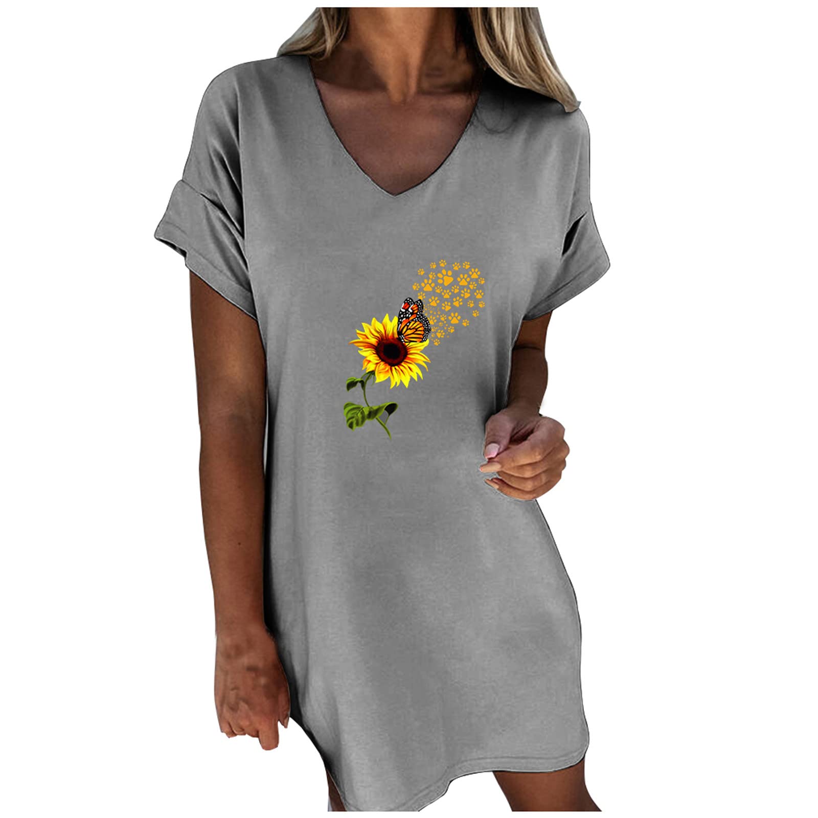MIANHT Women's Casual Summer Dress - Short Sleeve V-Neck T-Shirt Pullover Sundress for Beach, Party & Everyday Wear | Flowy Midi Dress for Women