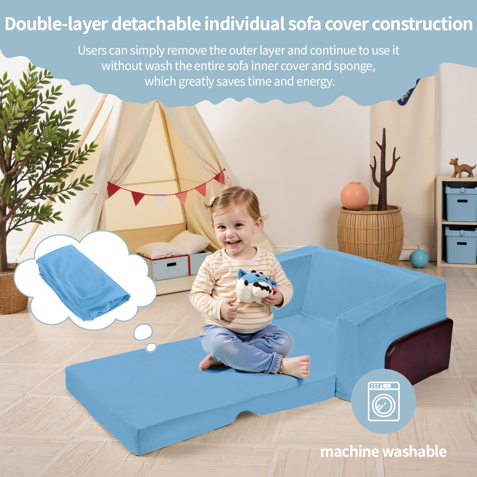 2-in-1 Foldable Kids Couch & Chair - Sturdy Wooden Frame Soft Toddler Sofa for Playroom, Nursery or Bedroom - Comfortable Children's Furniture for Reading, Playing & Relaxing