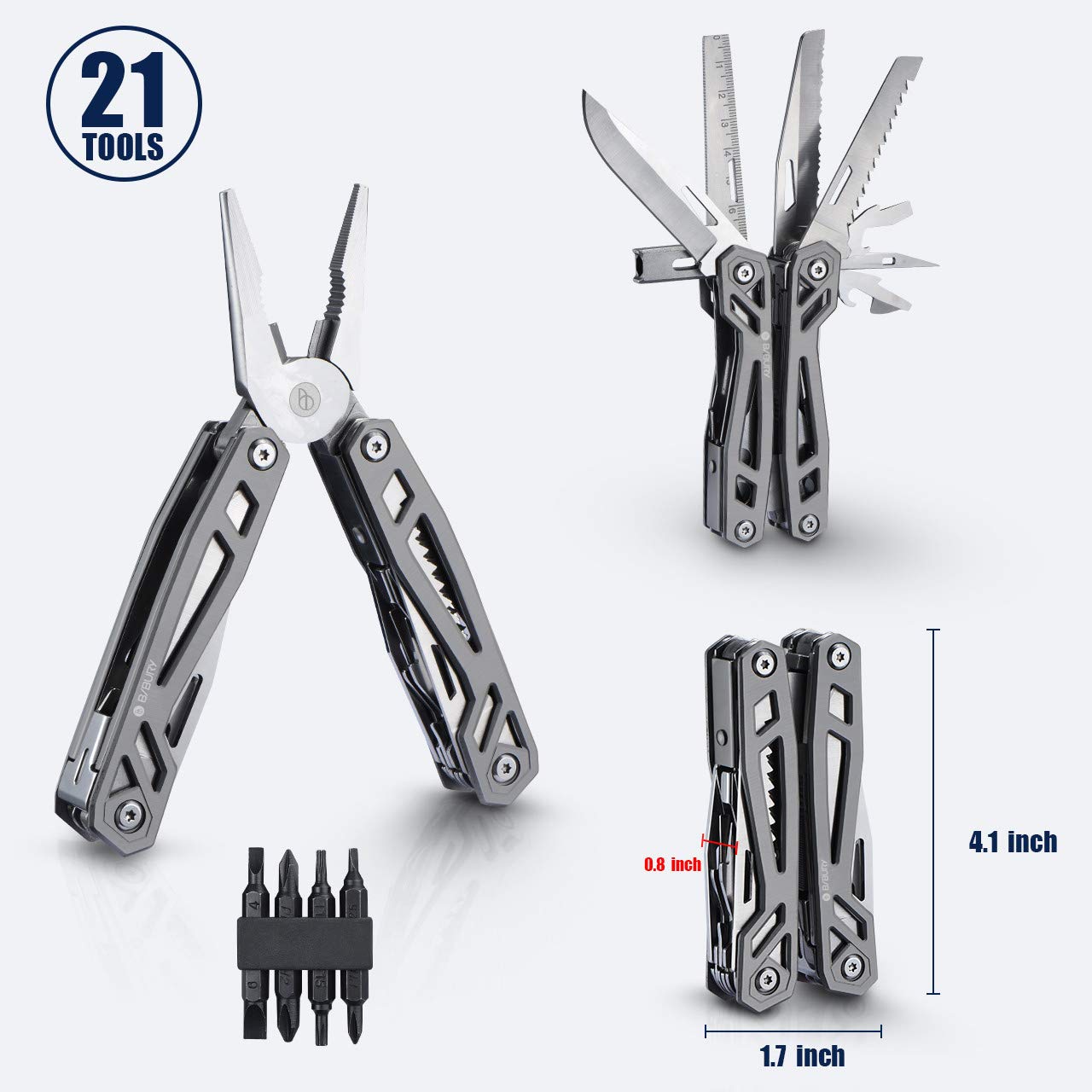 BIBURY 21-in-1 Titanium Multitool Pliers - 420 Stainless Steel Multi-Purpose Pocket Knife & Survival Tool Kit for Men | Perfect for Camping, Hunting, Fishing, Hiking & Outdoor Adventures