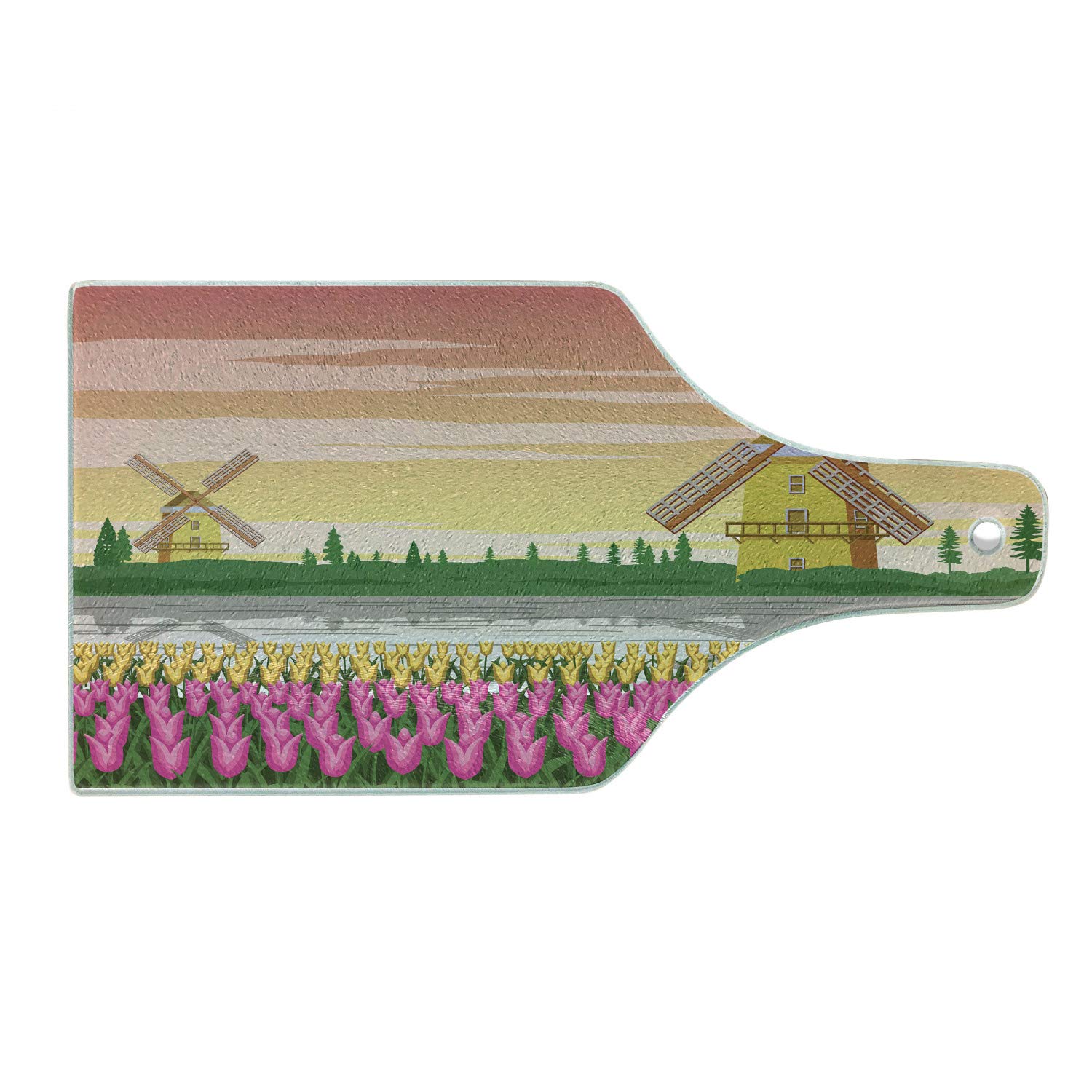 Ambesonne Amsterdam Tempered Glass Cutting Board - Colorful Botanical Design with Bicolor Tulips & Windmills - Decorative Serving Board for Cheese, Charcuterie & Wine - Perfect for Dutch-Themed Kitchens & Gifts