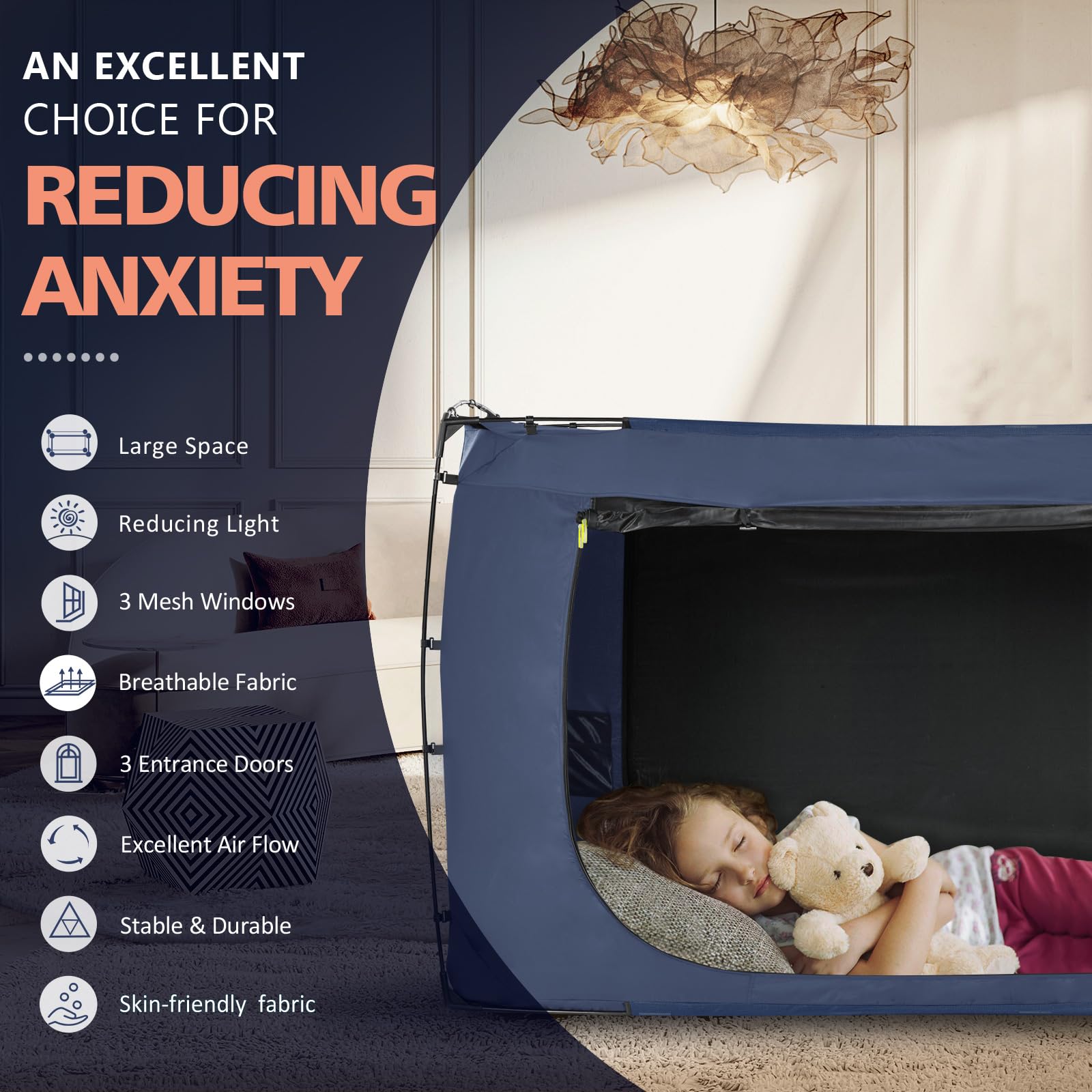 Queen Size Bed Tent Canopy for Adults & Kids - Portable Indoor Sleeping Tent with 93% Blackout, 3 Doors & Breathable Design - Perfect for Camping, Sleepovers, Privacy & Relaxation