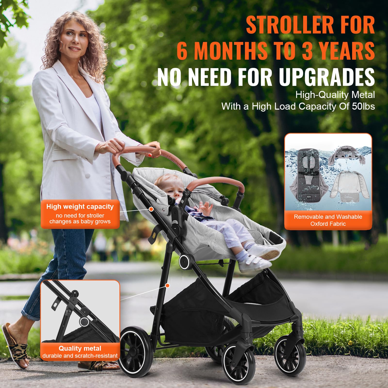 VEVOR Standard Baby Stroller with Bassinet - 3-Position Adjustable Reversible Seat, Foldable Lightweight Design, Carbon Steel Frame & Mesh Net Cover - Perfect for Newborns to Toddlers (Light Grey) | Ideal for Daily Walks, Shopping & Travel