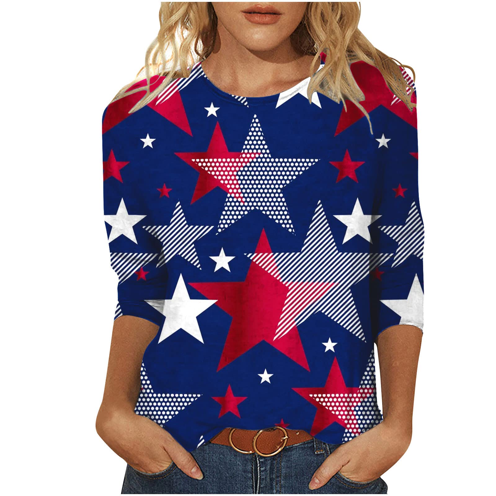 Women's 3/4 Sleeve Patriotic T-Shirt - Red White & Blue USA Flag Shirt for 4th of July | Perfect for Independence Day Celebrations, BBQ Parties & Summer Festivals