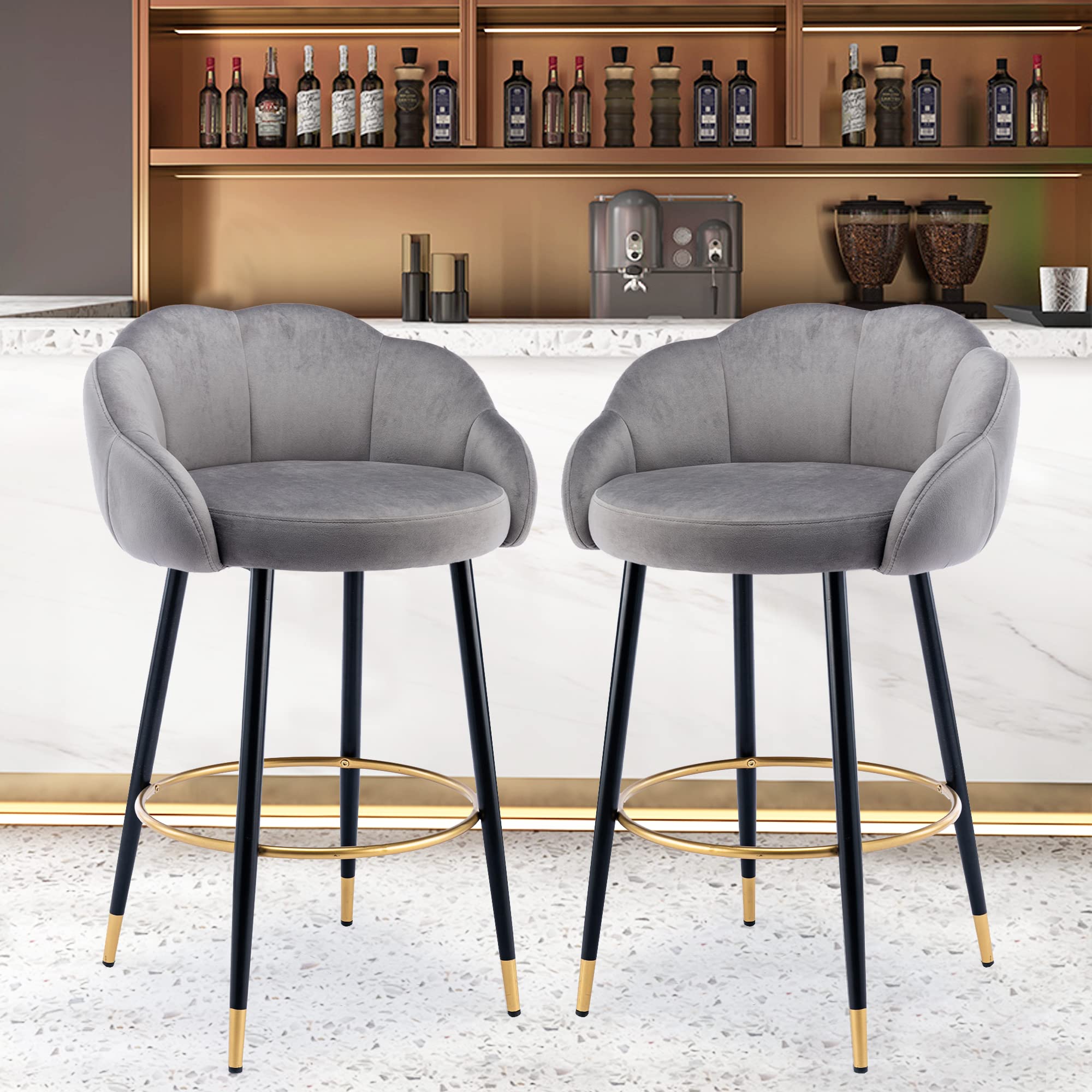 2PC Grey Velvet Bar Stools with Back and Footrest - Counter Height Dining Chairs for Kitchen Island, Breakfast Bar & Home Pub - Set of 2 Modern Barstools