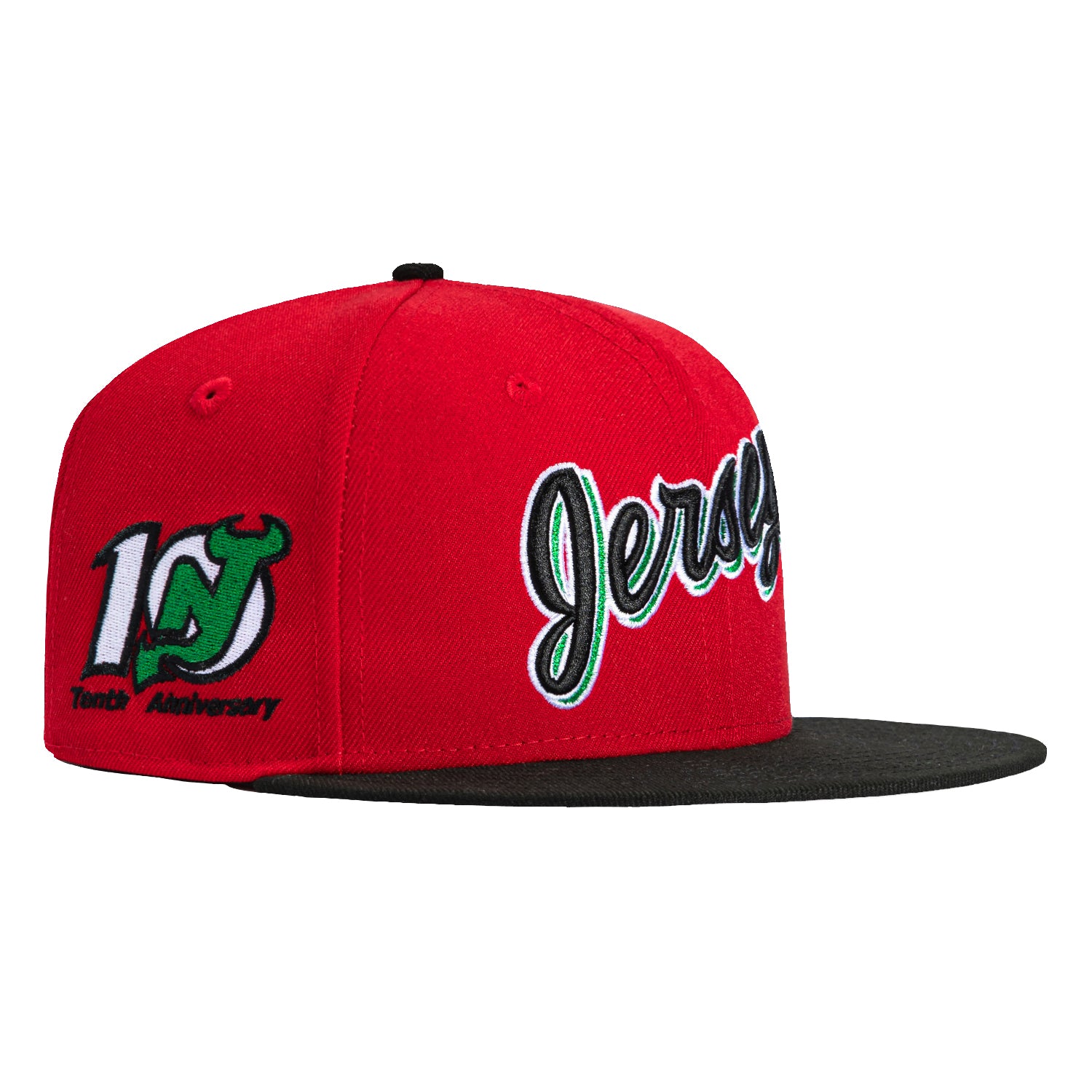 New Era 59Fifty New Jersey Devils 10th Anniversary Patch Script Hat - Red & Black Snapback Cap for Men - Official NHL Hockey Fan Gear for Games & Streetwear