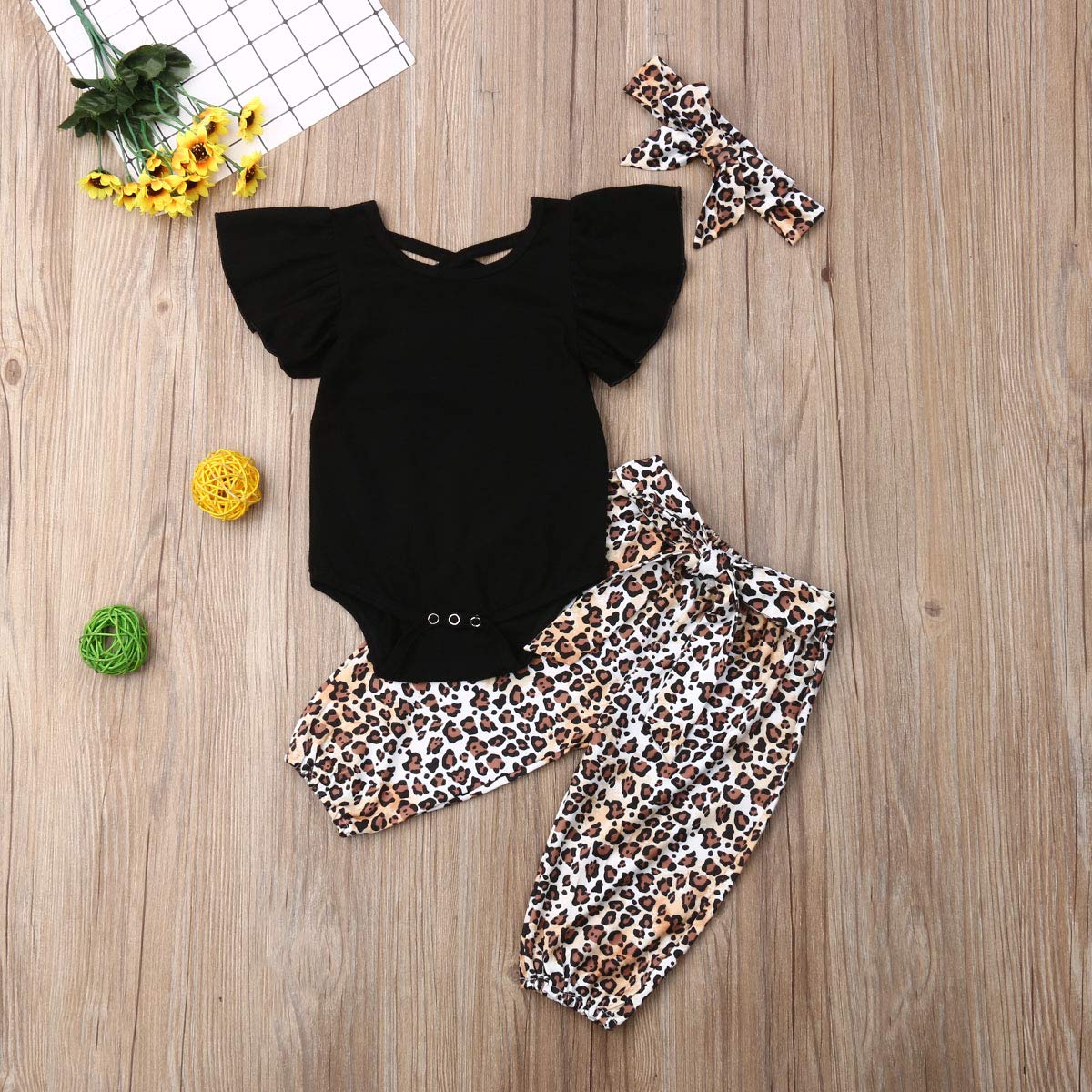 3PCS Newborn Baby Girl Clothes Set - Fly-Sleeve Tops & Leopard Print Long Pants Outfit Sunsuit for Summer, Photoshoot, and Daily Wear