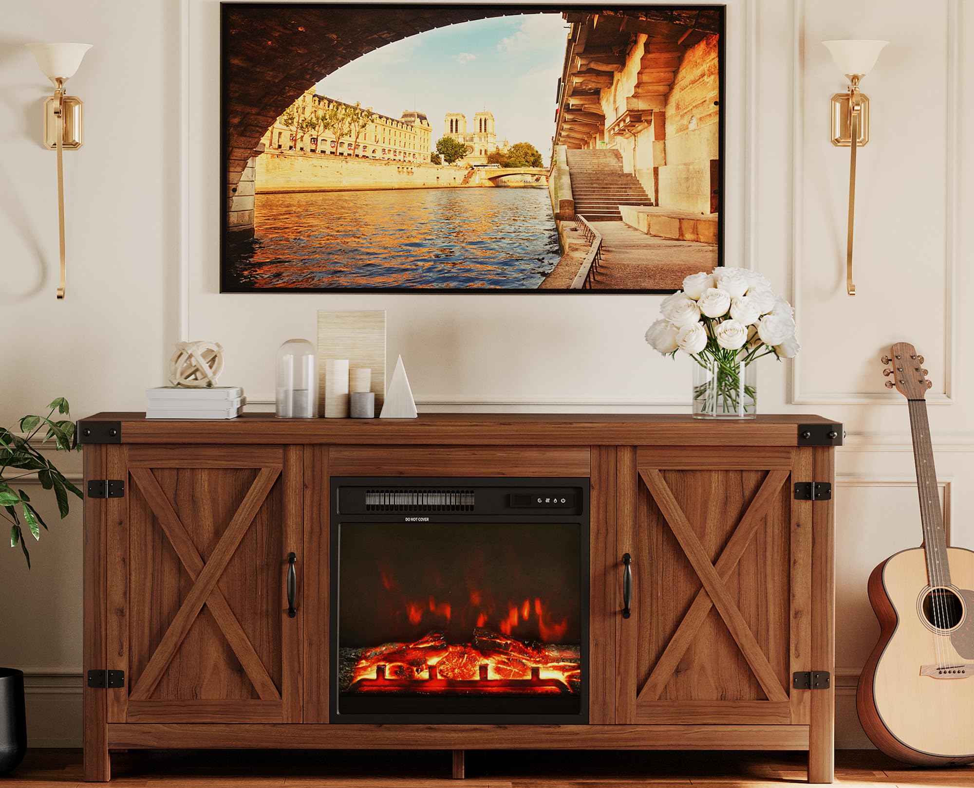 JUMMICO 65+ Inch Fireplace TV Stand with Double Barn Doors - Farmhouse Entertainment Center with Electric Fireplace & Storage Shelves - Rustic Walnut Finish for Living Room, Bedroom & Home Theater