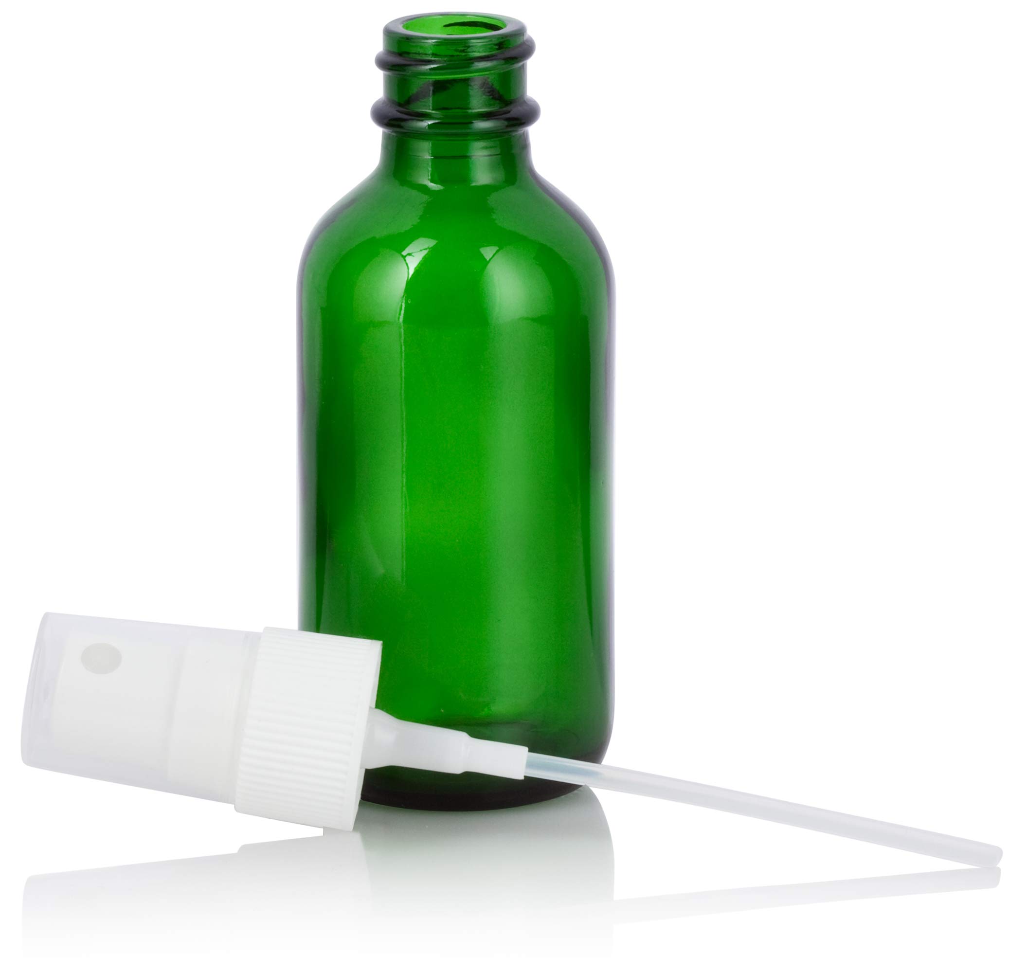 JUVITUS 12-Pack 2 oz Green Glass Boston Round Bottles with Fine Mist Sprayer & Funnel - Refillable Essential Oil, Perfume, Hair & Skin Care Spray Bottles for Home, Travel & DIY Projects