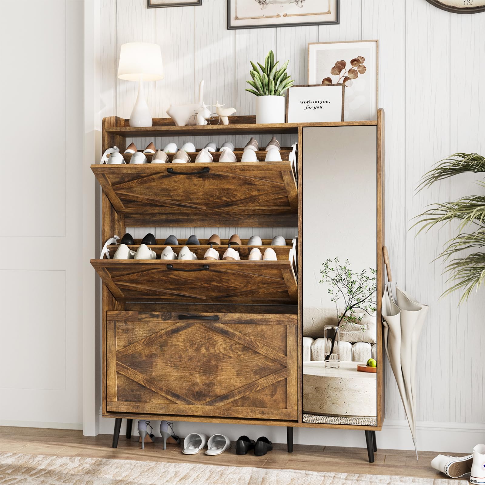 Maupvit 3-Tier Flip-Drawer Shoe Storage Cabinet with Mirror - Freestanding Shoe Organizer with 5 Wooden Legs, Slim Shoe Rack with Shelves & Door for Entryway, Hallway, Living Room - Perfect for Small Spaces & Shoe Lovers (Brown)