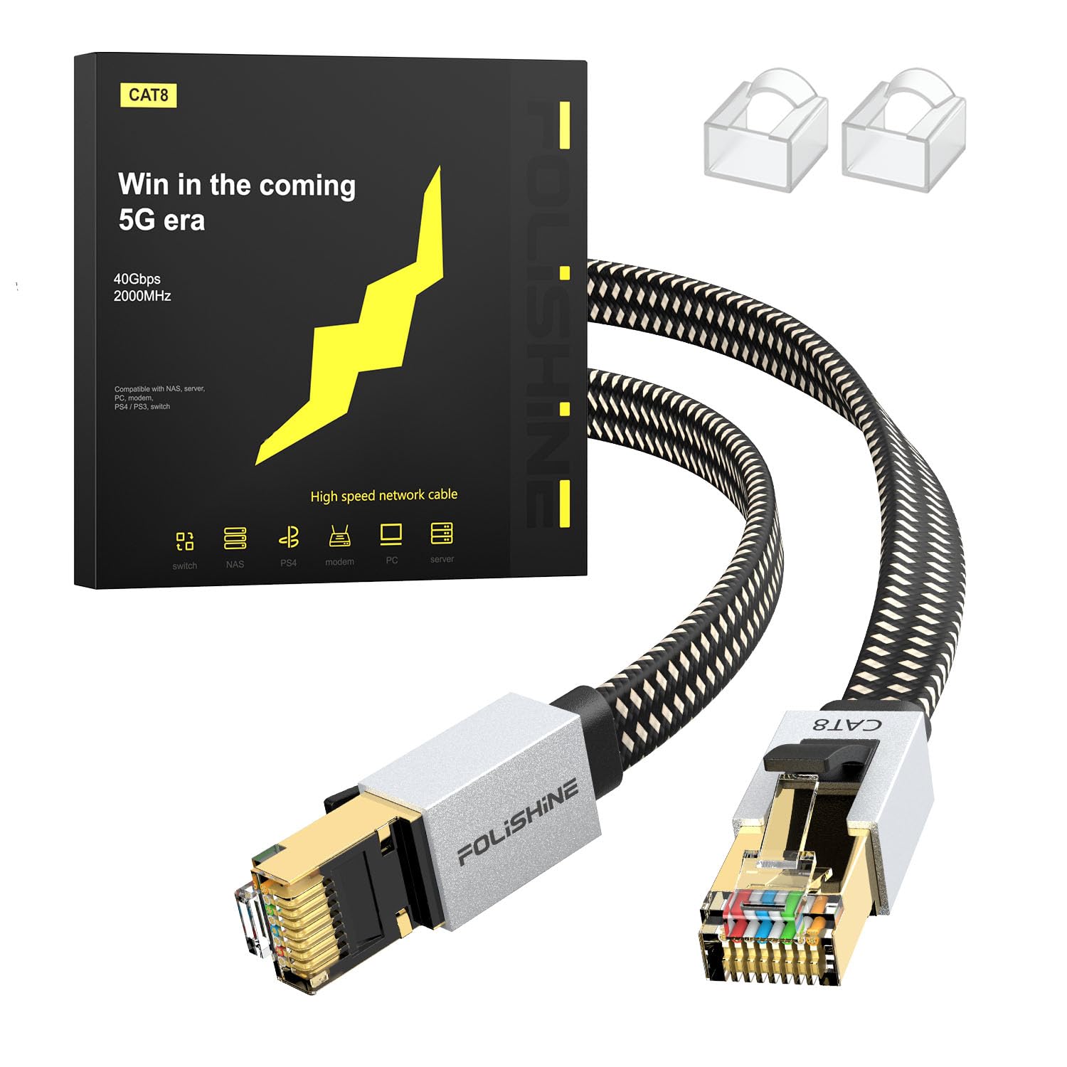 Cat 8 Ethernet Cable 2M (6.6ft) - High Speed 40Gbps 2000MHz Shielded RJ45 Flat LAN Cable, Nylon Braided Cat8 Patch Cord for Gaming, Streaming & Office - Faster Than Cat5e/Cat6/Cat7 - Compatible with Modem, Router, Switch (Indoor/Outdoor Use)
