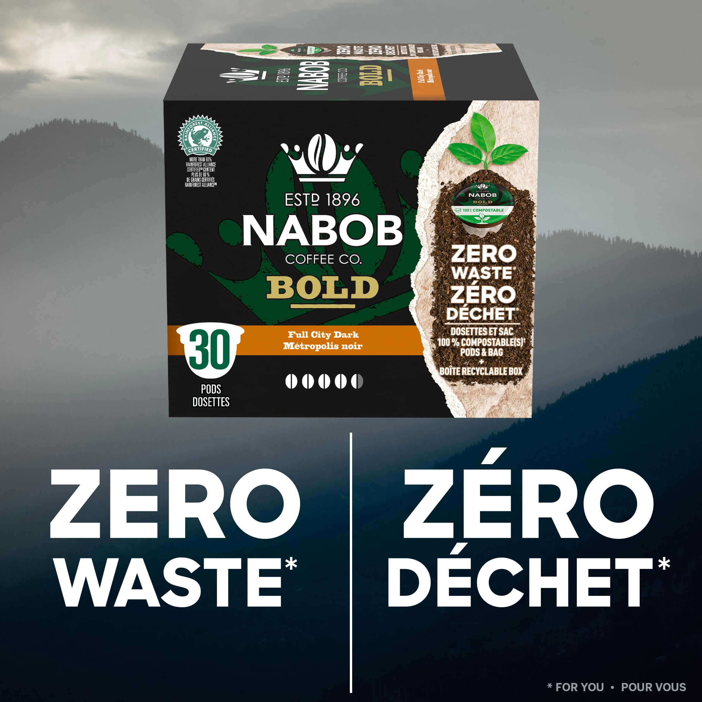 Nabob Full City Dark Roast Coffee Pods - 100% Compostable, 120 Count (4 Boxes of 30) - Premium Canadian Import - Perfect for Keurig Machines & Eco-Conscious Coffee Lovers