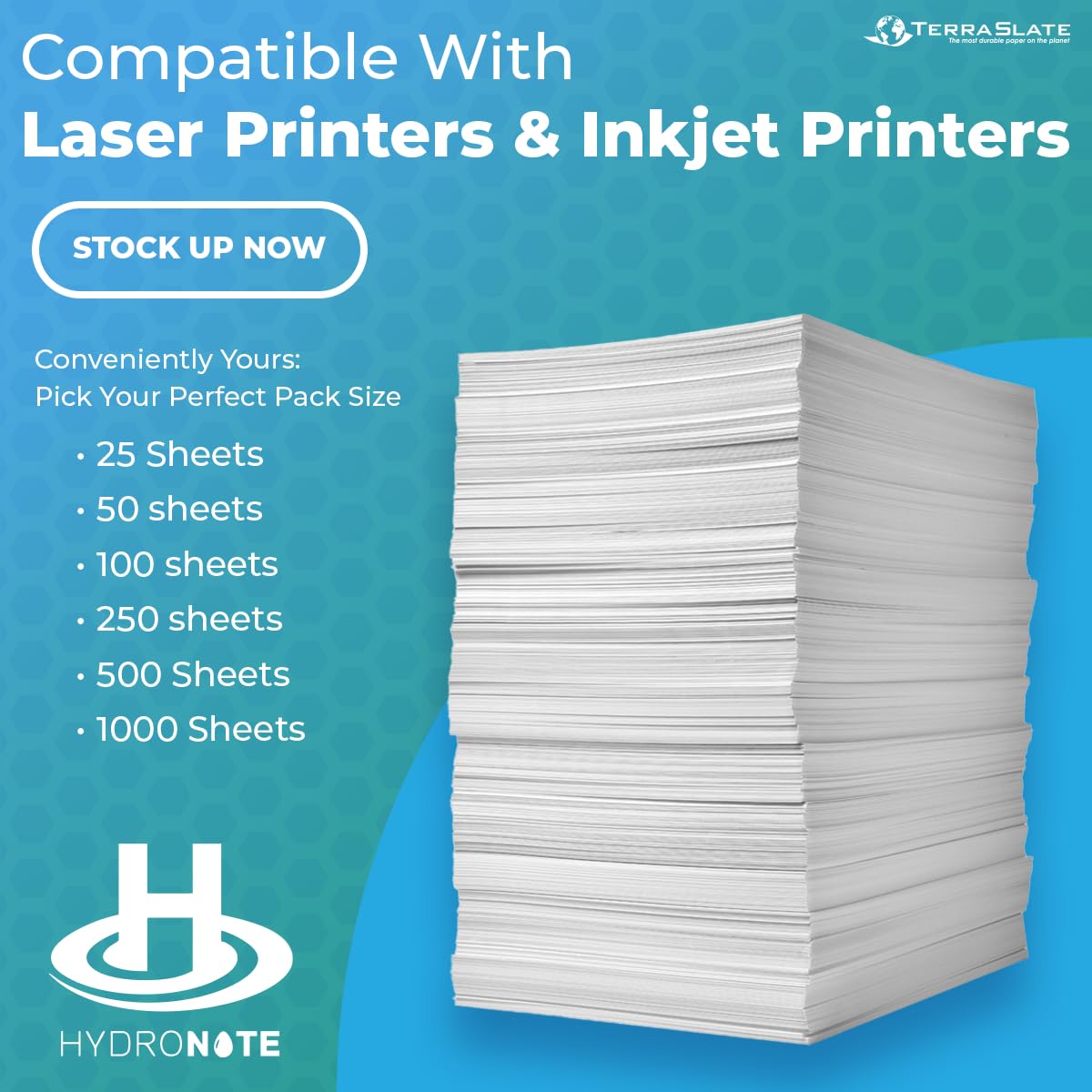 Waterproof Copy Paper - Hydronote 54lb Multipurpose 8.5” x 11” Printer Paper, Bulk 1500 Sheets for Inkjet & Laser Printers - Rainproof, Weatherproof, Tear-resistant for Outdoor Use, Boating, Camping & Wet Environments