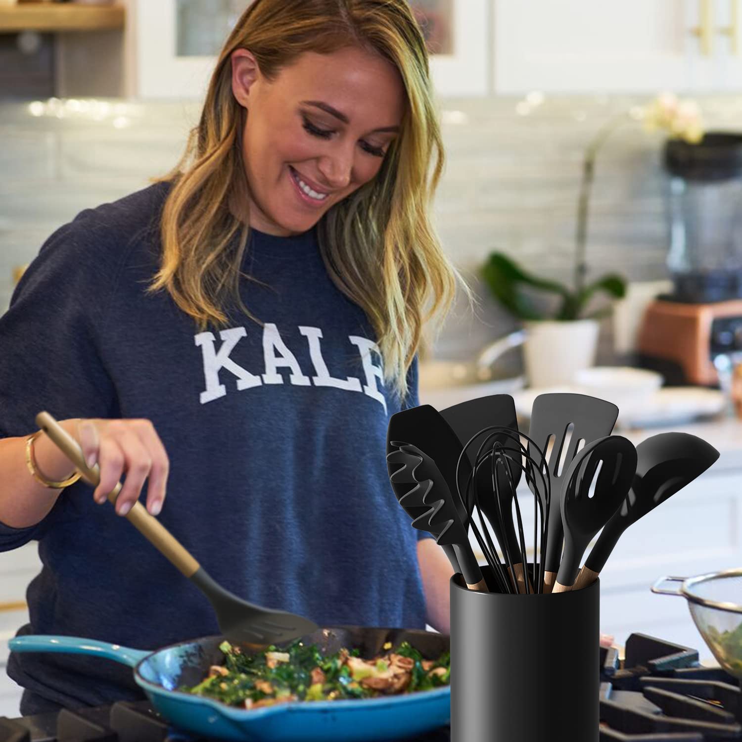Matte Black Ceramic Kitchen Utensil Holder - 4.5×6.4 Inch Countertop Organizer for Spoons, Spatulas & Cooking Tools | Easy to Clean Farmhouse Décor | Perfect for Modern Kitchens, Dining Rooms & Cooking Stations