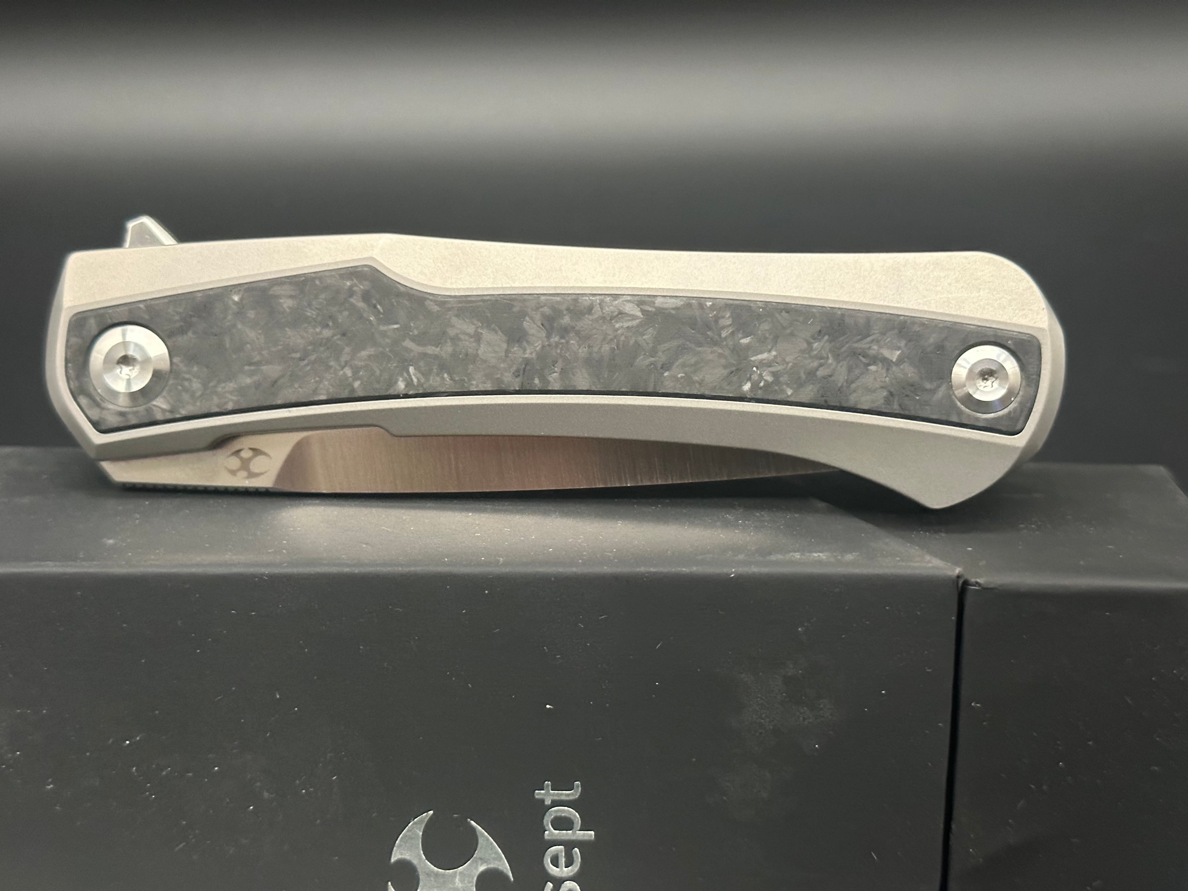 Kansept Ostap Hel Kratos Folding Knife - Silver Titanium Handle & Carbon Fiber Blade - EDC, Outdoor, Camping, Survival Gear