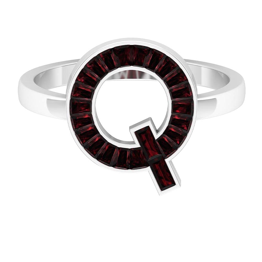 Garnet Initial Rings A-Z | 14K White Gold Alphabet Letter Rings | Baguette & Channel Set Gemstone Jewelry for Women | Perfect Gift for Birthday, Anniversary & Special Occasions