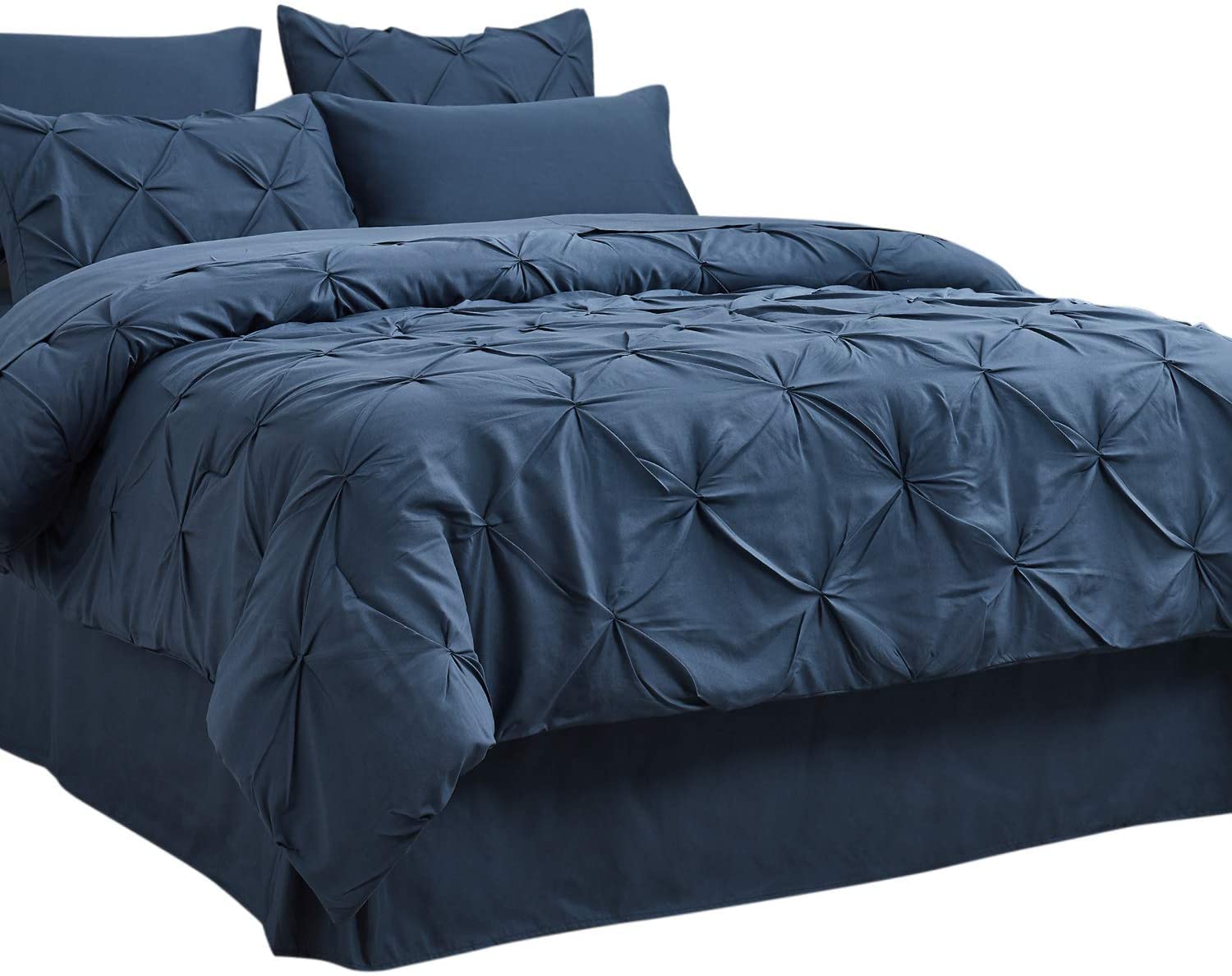 400 GSM All-Season 3-Piece Pinch Pleated Comforter Set - Super King Size Egyptian Cotton Bedding with 2 Pillow Shams | Lightweight, Breathable & Ultra Soft Navy Blue Pintuck Design | Perfect for Master Bedrooms, Guest Rooms & Luxury Hotels