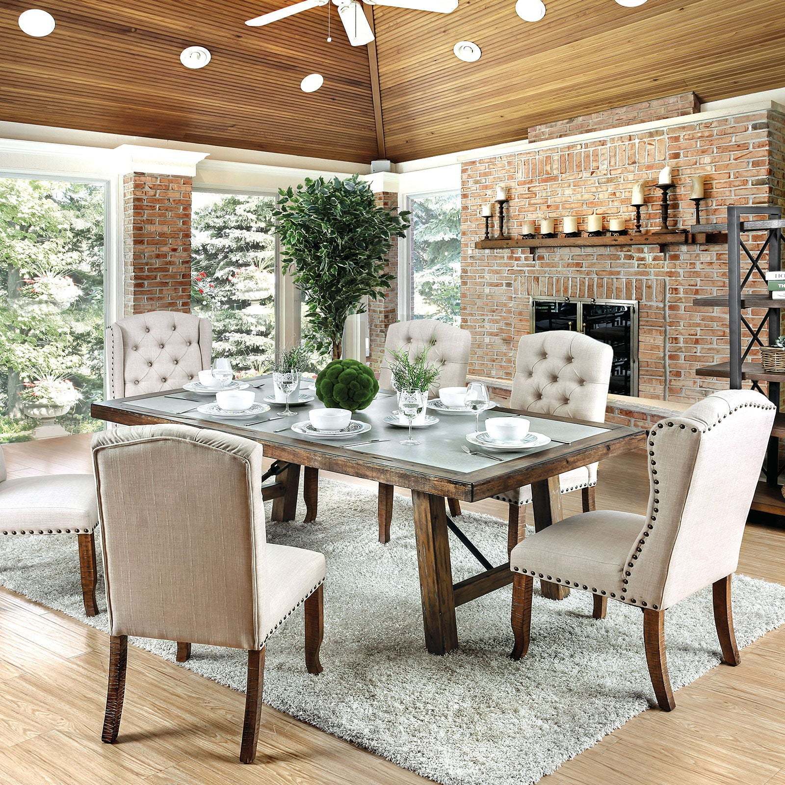 Contemporary Ivory Fabric 2-Piece Tufted Wingback Dining Chairs with Rustic Solid Oak Wood Back - Perfect for Farmhouse Dining Room, Kitchen Nook & Breakfast Nook Decor
