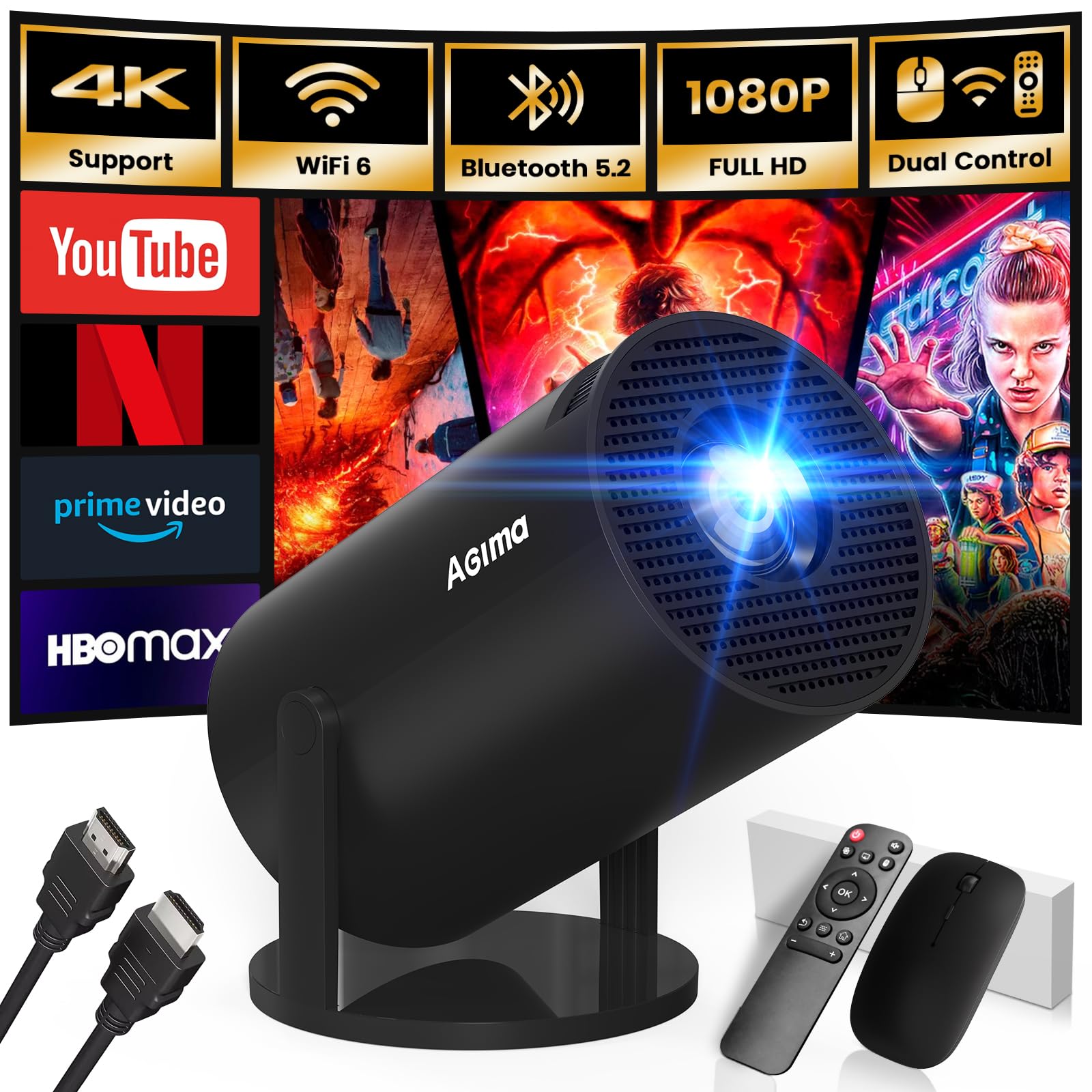 Mini Projector with WIFI 6 & Bluetooth - 1080P Portable Movie Projector with 4K Support, 180° Rotatable 130