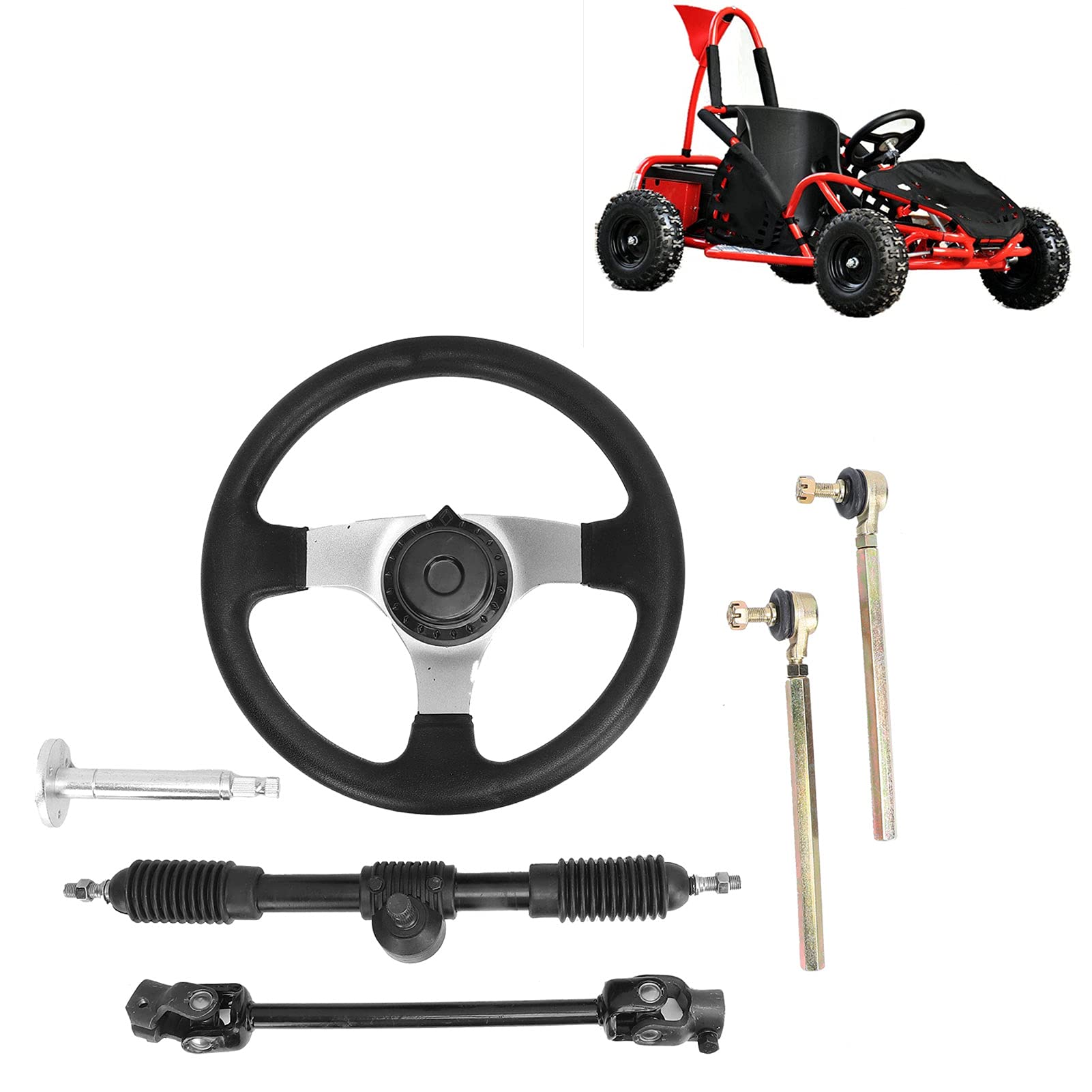 Durable ATV Steering Wheel & Tie Rod End Set - Heavy Duty Metal Replacement for 150cc-250cc Engines - Perfect for Go Kart, Off-Road Vehicles & Dirt Bikes (Ideal for Racing, Trail Riding & Off-Road Adventures)