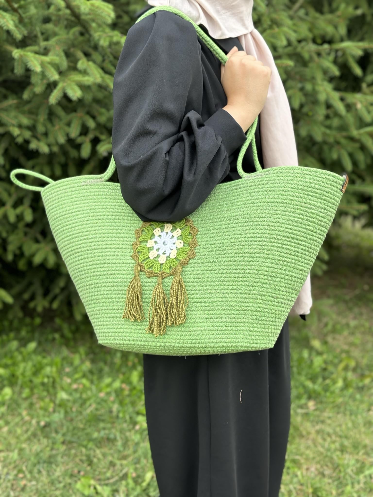 Stylish Natural Straw Beach Tote Bag for Women - Rattan French Market Basket - Perfect for Summer, Travel, Picnics & Shopping (Blue)